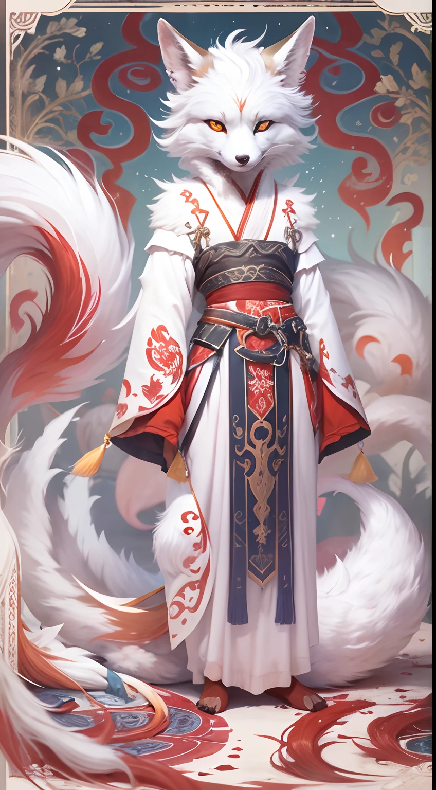 A mythical white fox with nine tails, head straight-looking at viewer,white colors,Red pupils,With some red tattoos