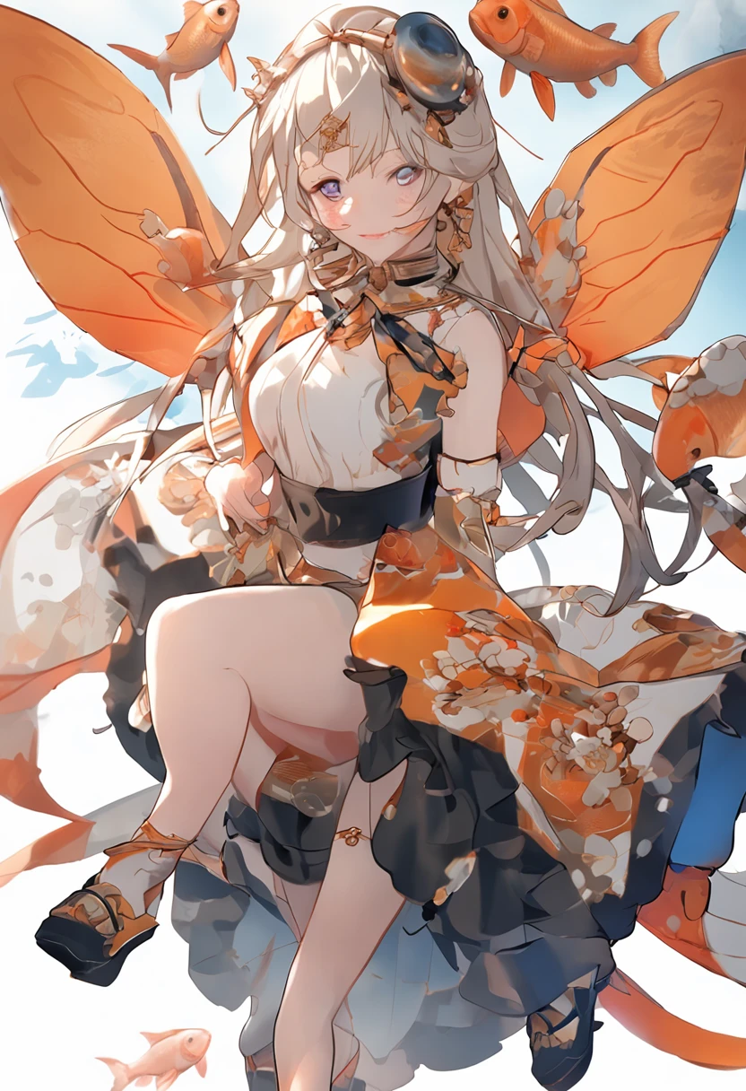 (((Goldfish)))，(Flying Goldfish:1.3)，1 girl，upperbody closeup，Lateral face，Wearing a Tang costume，Super fine face, Delicate eyes, Double eyelids, Smile，Fantastic scenes，Many-Layer Textures、Albedo e mapas Speculares、Irridescent color、Rich evolution，vivd colour，largeaperture、Low ISO、White balance、Glows in high detail, white backgrounid, studio lit, C4D, OC renderer, Clean shadows, 4K