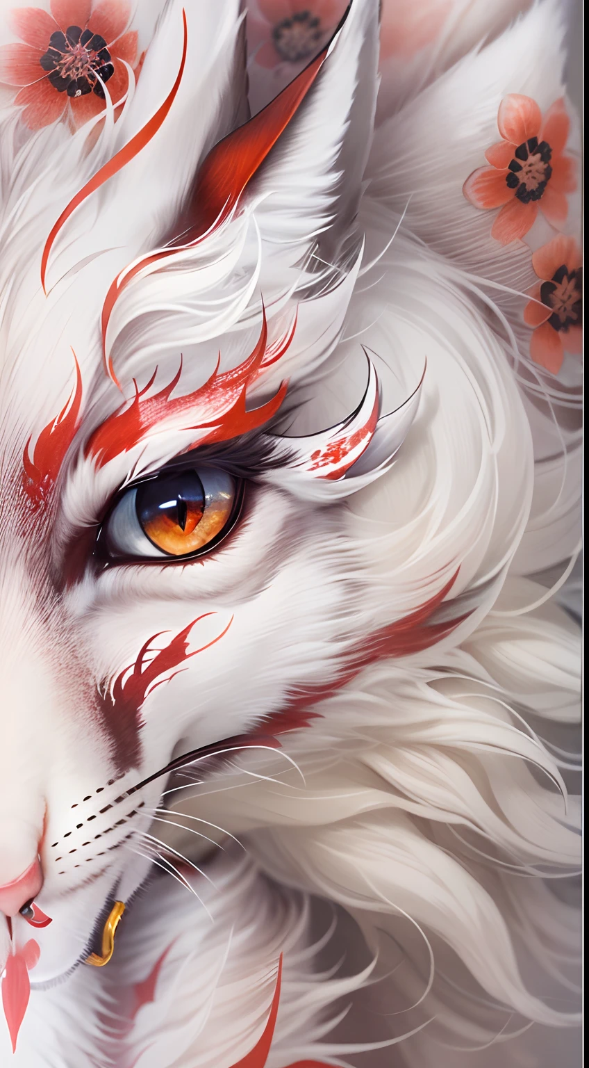 A mythical white fox with nine tails, head straight-looking at viewer,white colors,Red pupils,With some red tattoos
