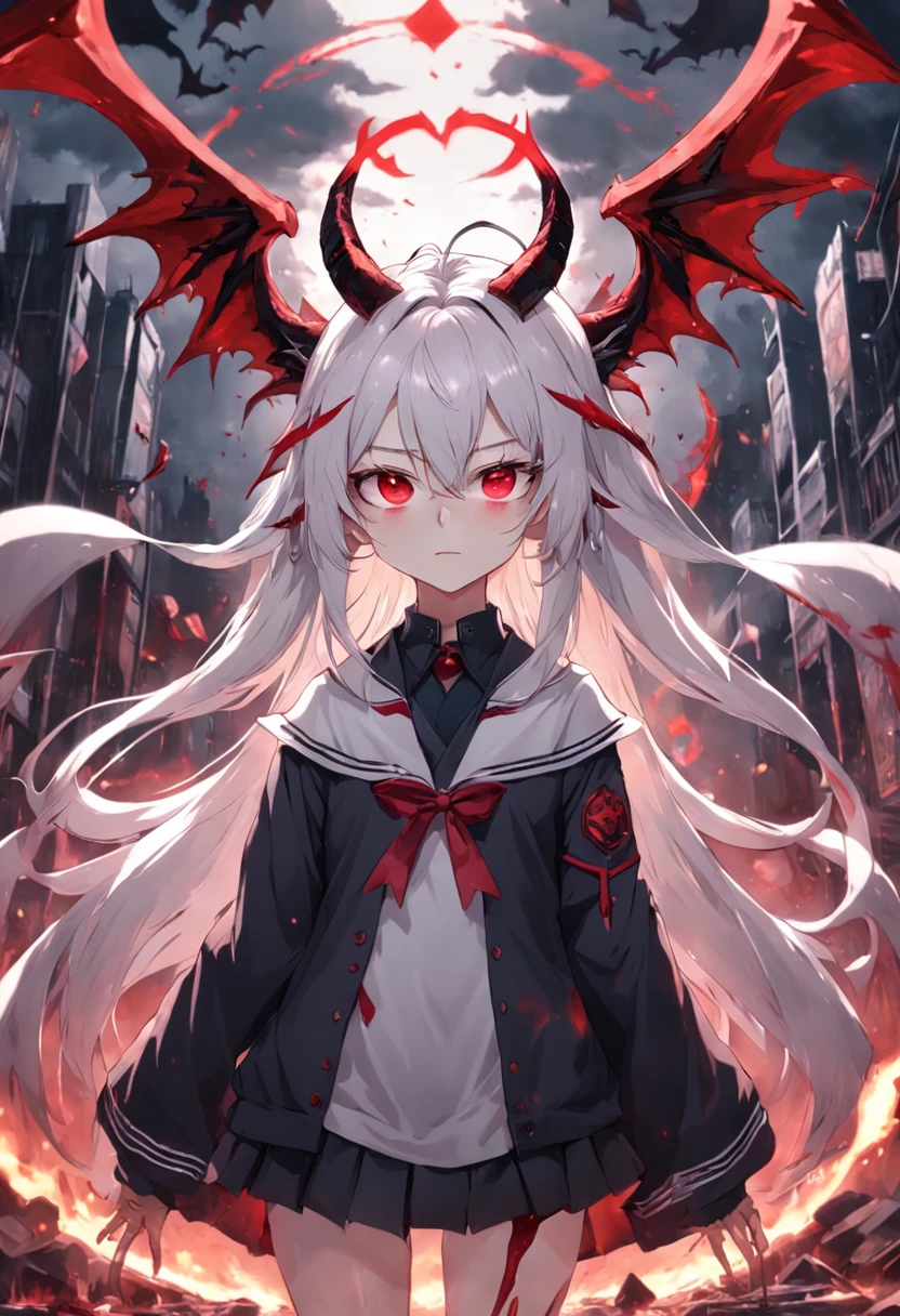 (8k, Highest quality, Manga style, View your viewers, Intricate details:1.3),(One person, Nakiri Ayame, ２Demon horns in the book, Multicolored Hair, Long Hair, Red eyes, Gray Hair), (Six alternating white angel wings and black devil wings:1.3), (Tennis Wear, Sweating, Full body portrait, Being hit by rain, Soaking wet)