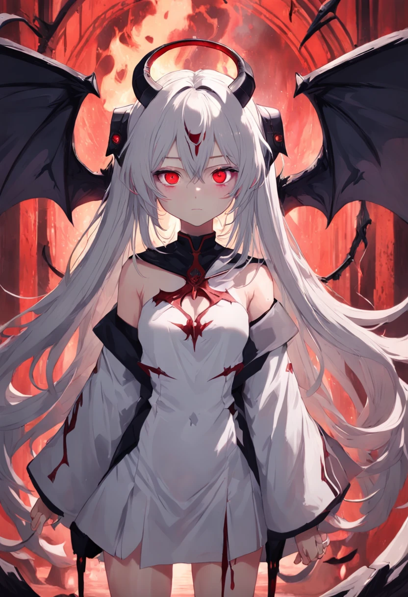 whaite hair，Red eyes，long whitr hair，demonic horns，Broken sailor suit，Girl body type，There are demon wings behind it，Brilliant magic，There was a little blood on his body，Bring headphones，8K，Look into the camera，Dynamic，Background of destroyed cities