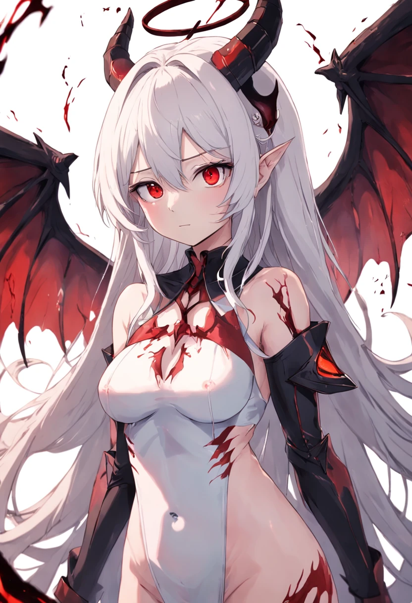 whaite hair，Red eyes，long whitr hair，demonic horns，Broken sailor suit，Girl body type，There are demon wings behind it，Brilliant magic，There was a little blood on his body，Bring headphones，8K，Look into the camera，Dynamic，Background of destroyed cities