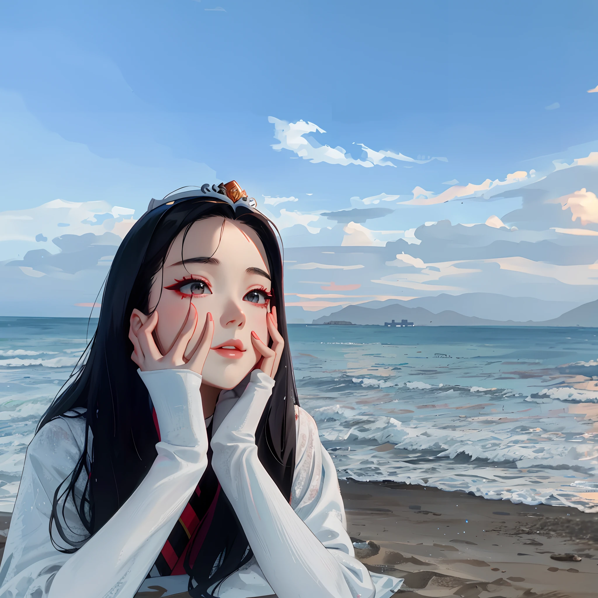 adolable,Big Eyes 1.9,Beautuful Women,Asia face,Hold your hands on your face,There was a woman sitting on the beach,hands on face, xintong chen, queen of the sea mu yanling, wenfei ye, personal profile picture, dilraba dilmurat, Inspired by Huang Ji, 8K)), krystal, With sunset, gongbi, Chinese girl, xision wu, beautiful aesthetic, ulzzangs, blackpink jennie