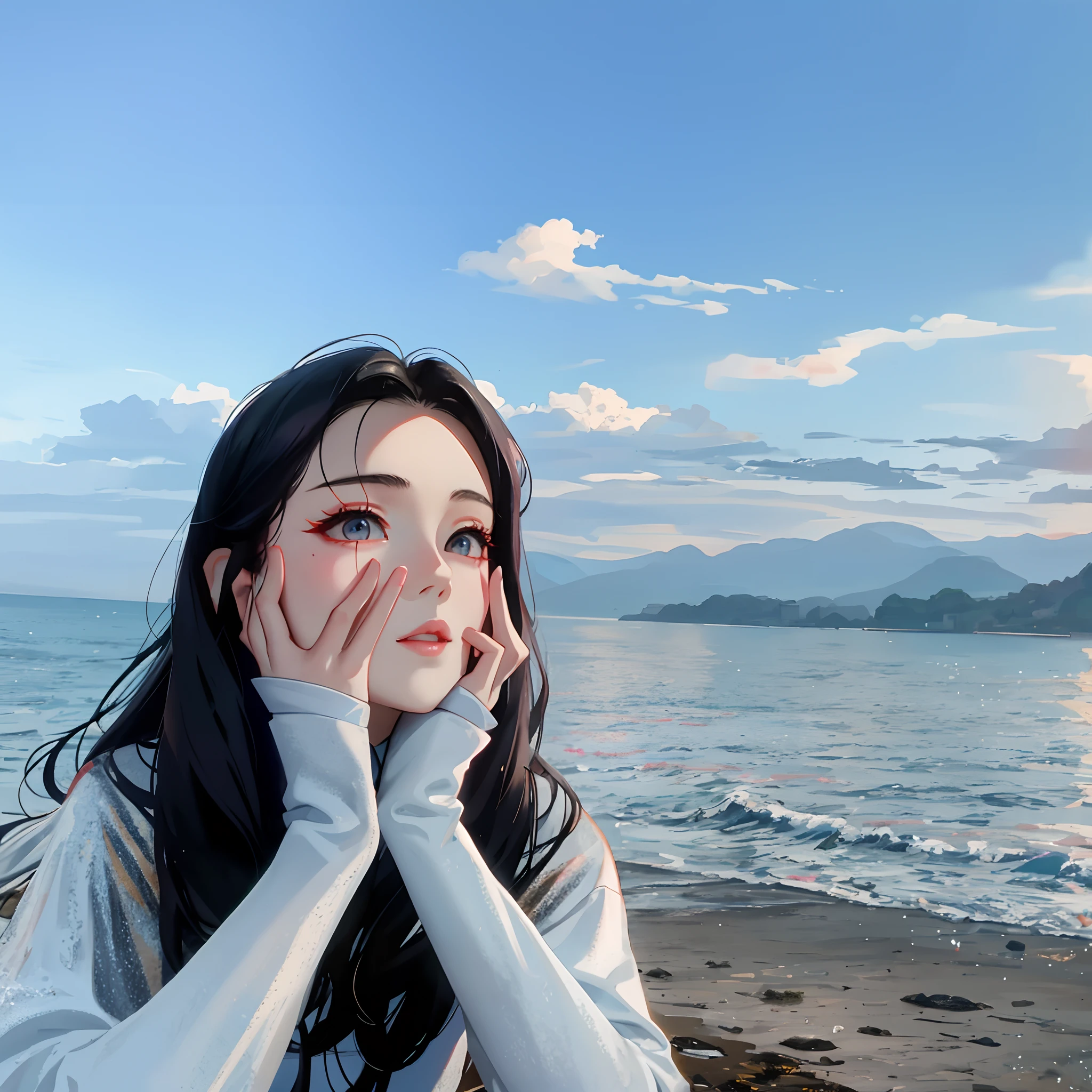 adolable,Big Eyes 1.9,Beautuful Women,Asia face,Hold your hands on your face,There was a woman sitting on the beach,hands on face, xintong chen, queen of the sea mu yanling, wenfei ye, personal profile picture, dilraba dilmurat, Inspired by Huang Ji, 8K)), krystal, With sunset, gongbi, Chinese girl, xision wu, beautiful aesthetic, ulzzangs, blackpink jennie