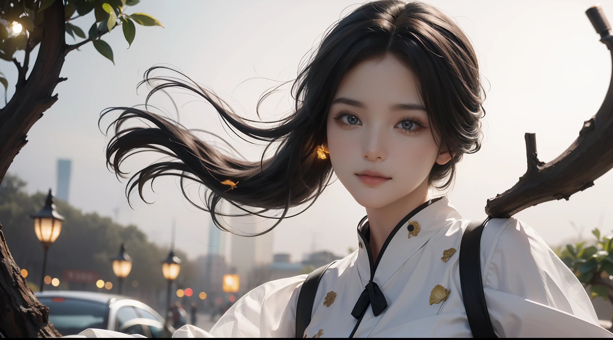 (((Goldfish))),(Flying Goldfish:1.3),1 girl,upperbody closeup,Lateral face,Wearing a Tang costume,Super fine face, Delicate eyes, Double eyelids, Smile,Fantastic scenes,Many-Layer Textures、Albedo e mapas Speculares、Irridescent color、Rich evolution,vivd colour,largeaperture、Low ISO、White balance、Glows in high detail, white backgrounid, studio lit, C4D, OC renderer, Clean shadows, 4K