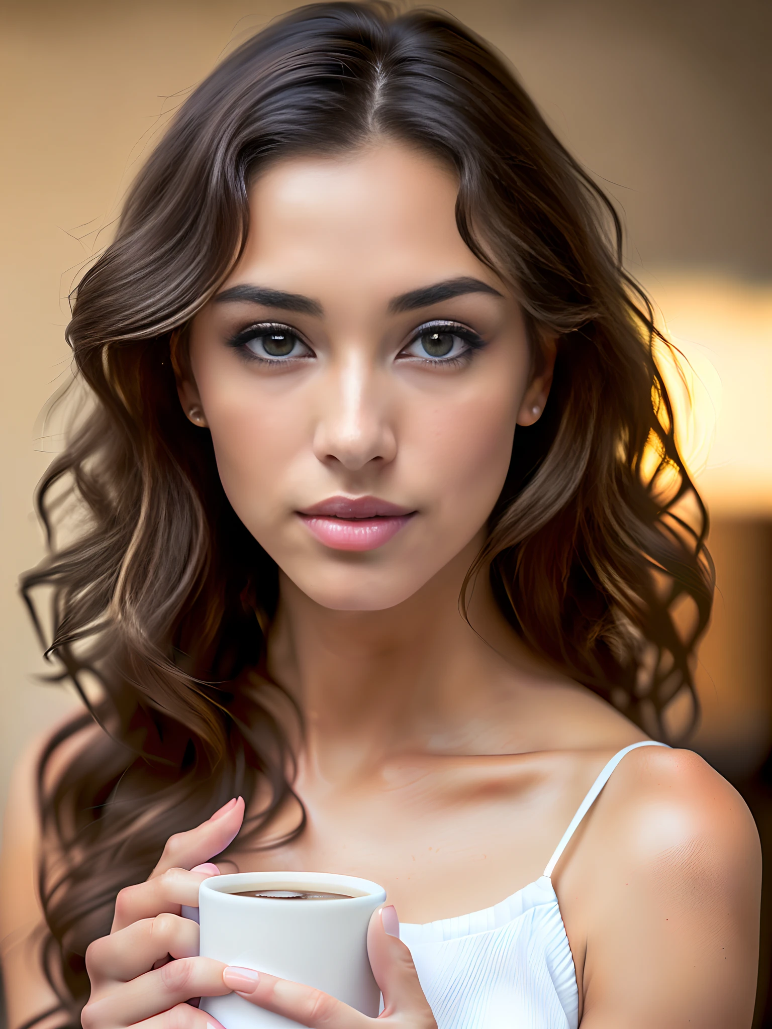 Face portrait of a woman with long dark brown curly hair with blonde highlights, light brown skin and detailed seductive eyes, wearing social blouse, drinking coffee  with blurred background, best quality masterpiece, photorealistic, detailed, 8k, HDR, shallow depth of field, wide light, high contrast, backlighting, bloom, light glows, chromatic aberration, sharp focus, RAW color photo