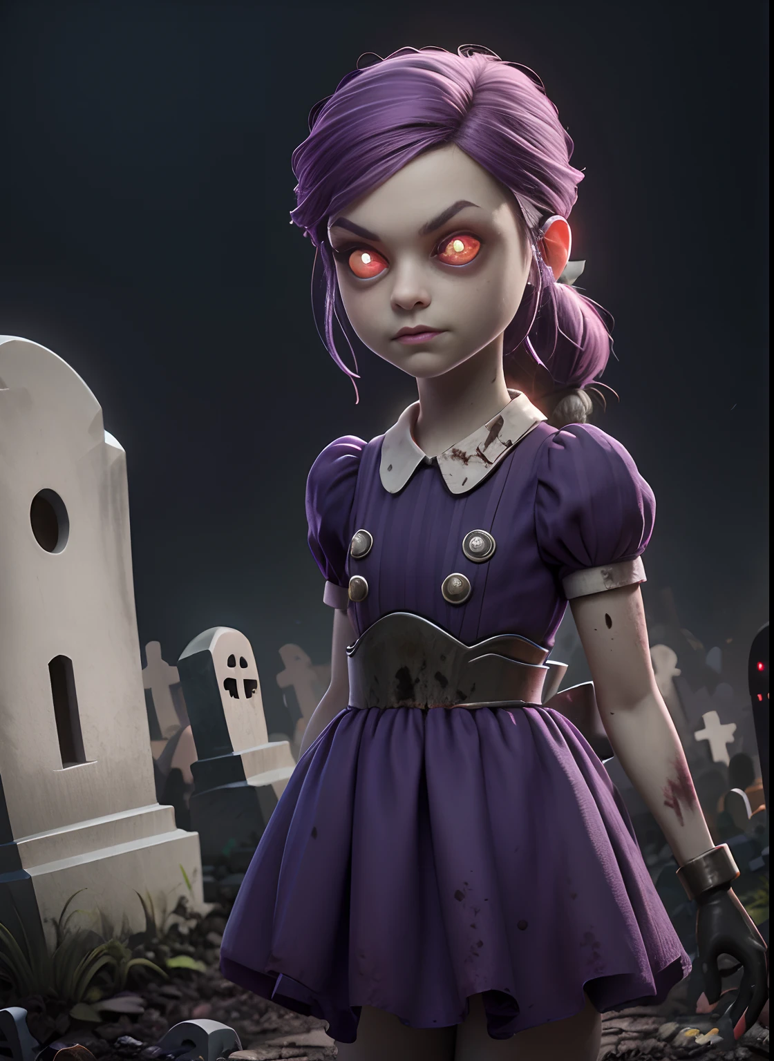 masterpiece, highres, an image of a beautiful cyberpunk preteen Mila Kunis fairy goth robot, pink eyes, purple hair best quality, 8k, best quality, ultra-detailed,1girl, , 6 yearso, 1girl, lilsis, dirty, blood, muddy dress, black hair, dress, horror \(theme\), solo, glowing eyes, creepycute, (graveyard:1.4)