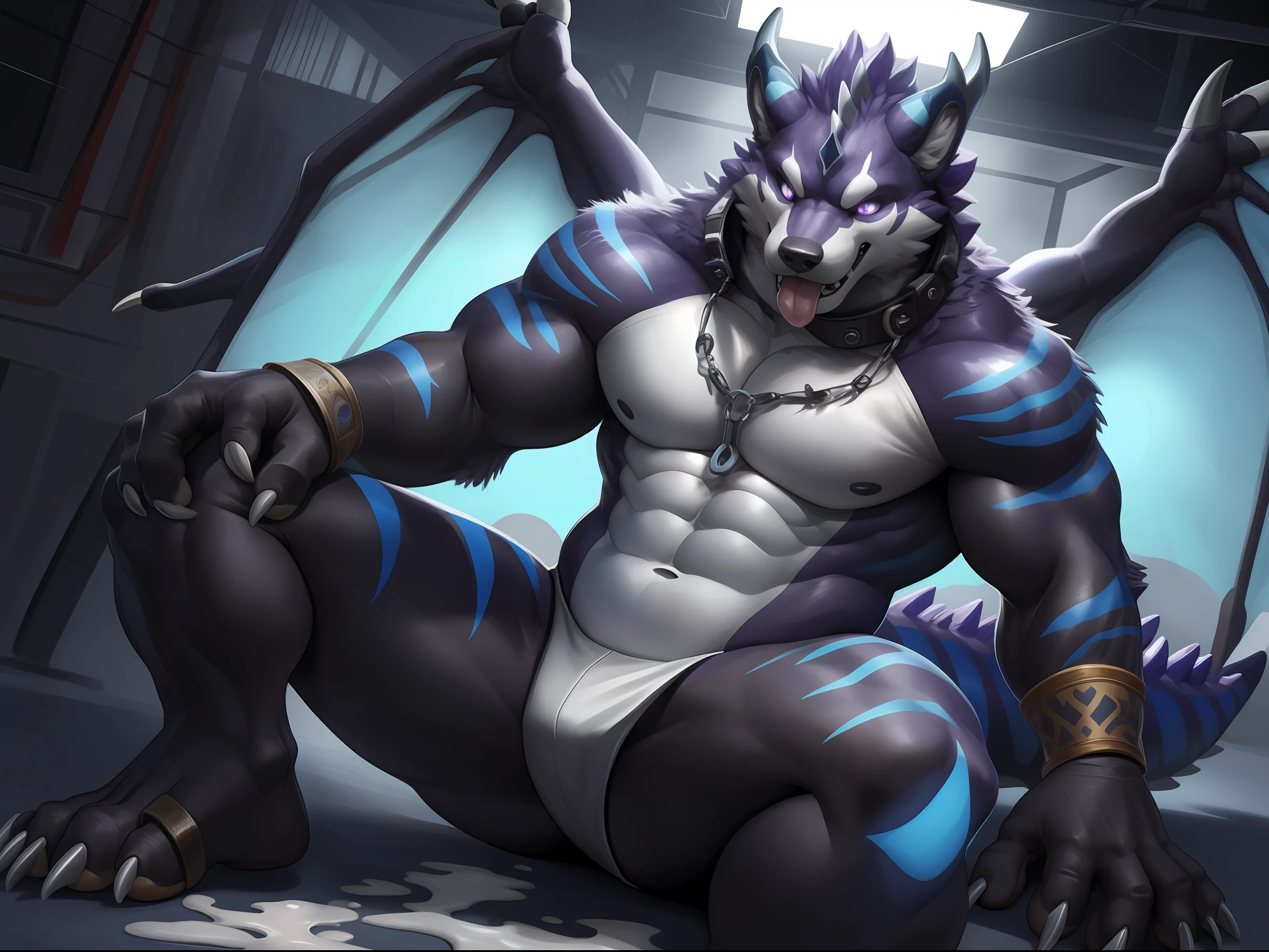 Solo, Male, (Muscular), sacrifices, (male anthro wolf):1.3, White flesh，nakeness，divinity，Numbered collar，High-quality experimental products，Kingly momentum，Evil God (Kamimei):1.3, (komono:1.4) (DOA):1.23, Detailed eyes, lizard tail,A pair of dragon horns, A pair of dragon wings，Lean body type，Disconnected police handcuffs((Full body like)), (Detailed eyes, Purple eye，The skin of the abdomen is whitish，Black skin，Blue-purple gradient line，Sharp claws，Cute beast claws，glowing light eyes):1.1, (exteriors:1.35), inside in room，nigth，Futuristic style cultivation warehouse，Bright white light，Lie down in bed，Stick out her tongue，drools，Fluid spills from the lower body，Milk spilled all over the floor，Lick the white liquid on your body，Meat pads on feet，Reach for the camera，haughty，disgust，Arrogant，unholy，Evil charm，Charm（Particle，blue glowing，Blue stripes glow）：1.3，detailedbackground，realisticlying，realistic hand，8k hdr，（，Wide dynamic range，hdr，low-light：1.2），author（pino daeni，（author：by ruaidri），author：virtyalfobo）