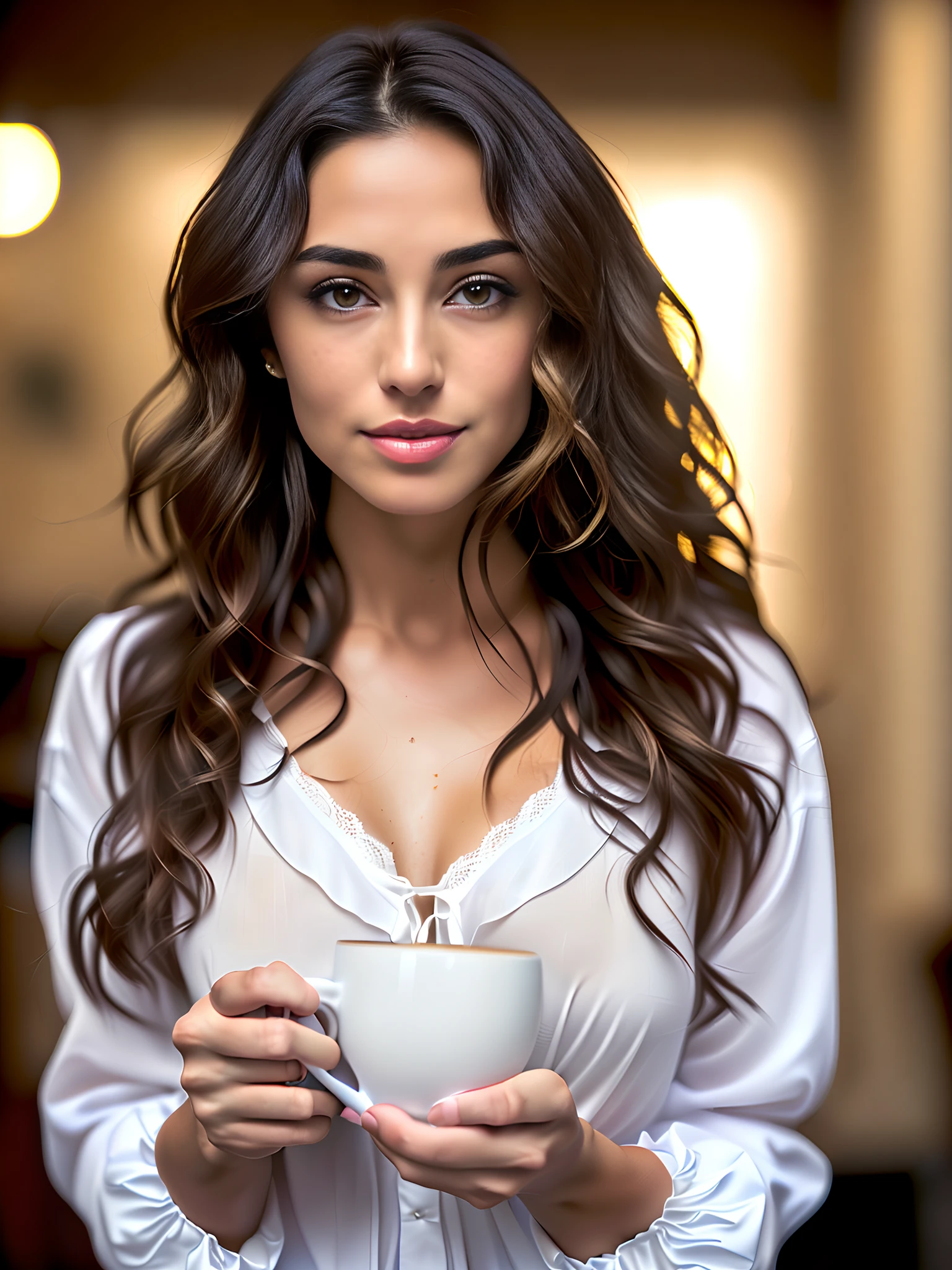 Face portrait of a woman with long dark brown curly hair with blonde highlights, light brown skin and detailed seductive eyes, wearing social blouse, drinking coffee with blurred background, best quality masterpiece, photorealistic, detailed, 8k, HDR, shallow depth of field, wide light, high contrast, backlighting, bloom, light glows, chromatic aberration, sharp focus, RAW color photo