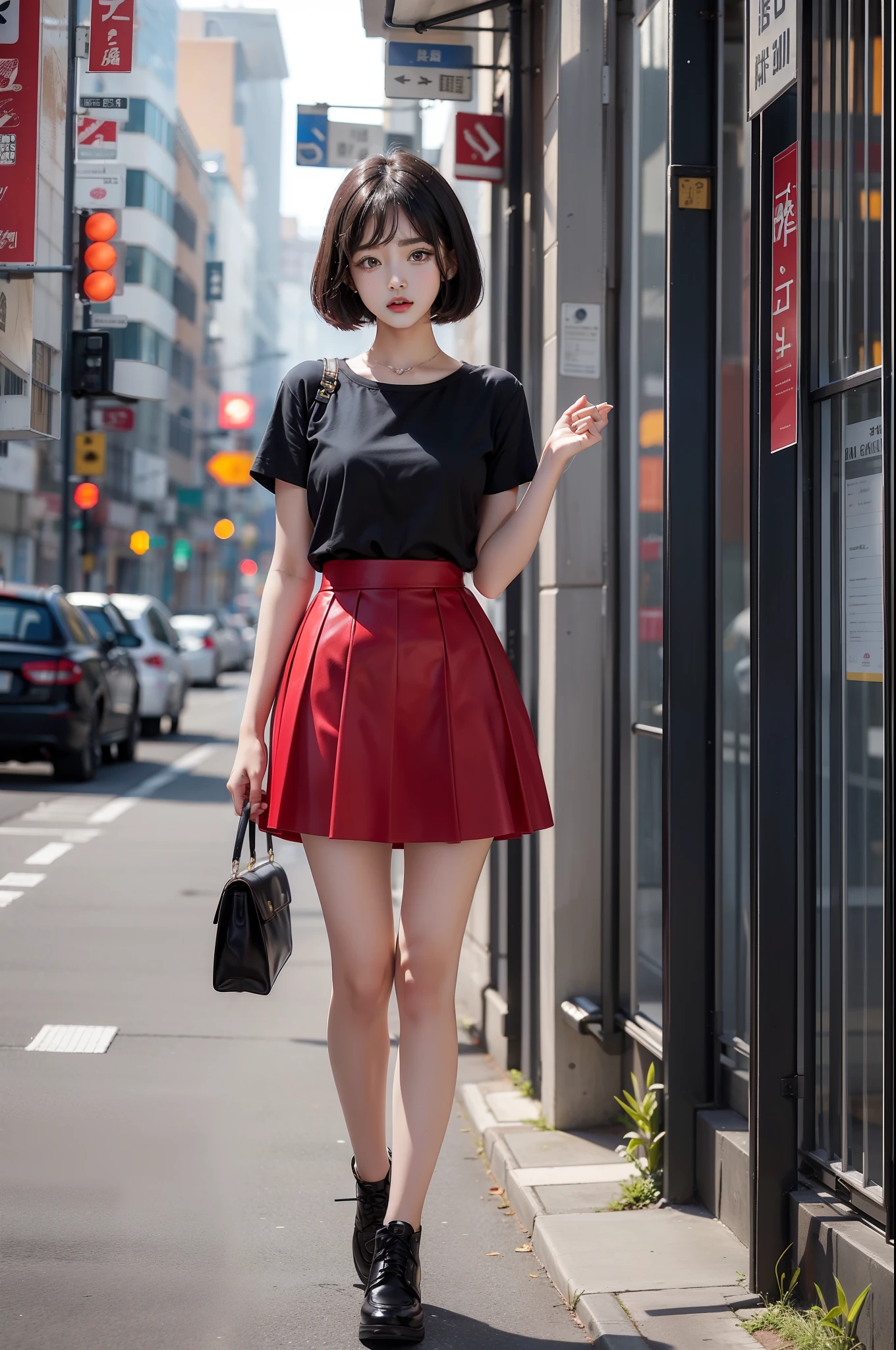 1girll，18 years old，（（full-body view）），（（Short red skirt）），Long legs are exposed， (详细的脸)，beauitful face，with short black hair，AJ shoes。