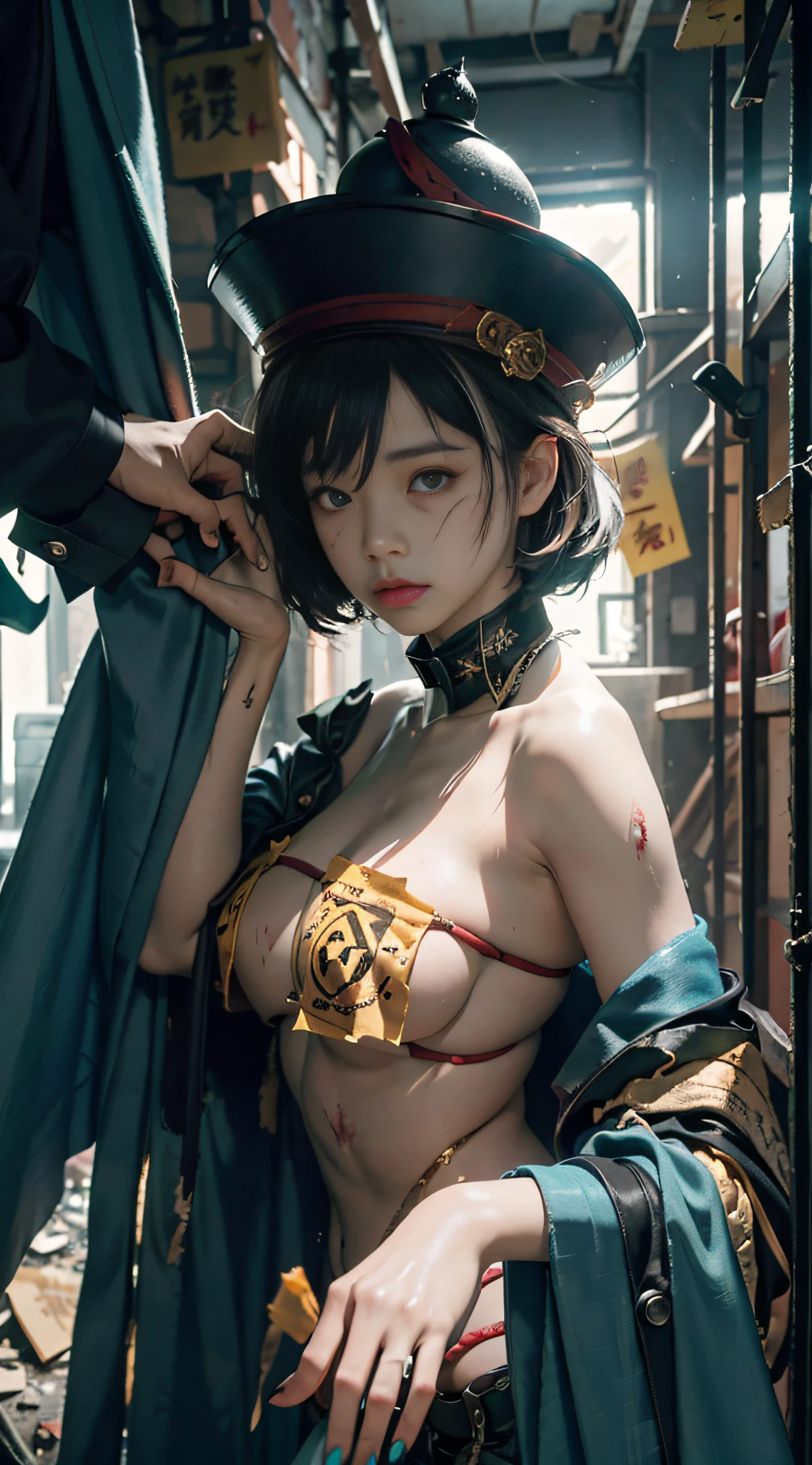 RAW, masterpiece, super fine photo, best quality, super high resolution, realistic, sunlight, a beauty with yellow rune paper on her face, female zombie, hong kong lam cheng ying zombie movie character, cyan skin, fair skin, amazing beauty, dynamic pose, delicate face, abandoned warehouse background, messy, gorgeous, high detail skin, realistic skin detail, sharp focus, volumetric light, 8k UHD, DSLR, high quality, film grain, realism, lomography
