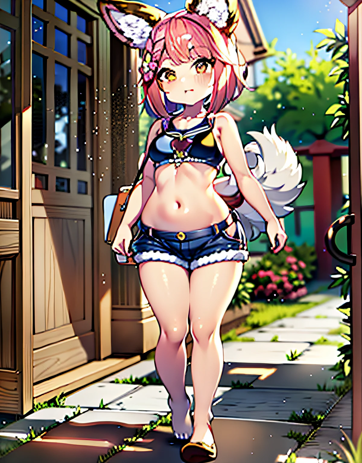 Anime girl with pink hair and blue shorts walking on sidewalk, full bodyesbian:: Sunny weather::, female furry mini cute style, full body portrait of a short!, small curvaceous , female fursona, oc commission, loish |, at summer afternoon, thicc, scorching weather, (sfv) safe to work, fluffy body, Full body picture