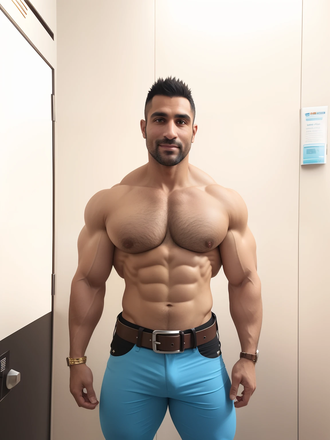 One man, Egyptian dad, bodybuilder, beefy,tan skin,dark hair,hair gelled back,muscular,huge pecs, huge legs, thick thighs, stud, tight light blue shirt, tight skinny blue cybernetic pants, cybernetic belt with big skull buckle,hairy arms,40 years old, elevator,Dark Brown Eyes.