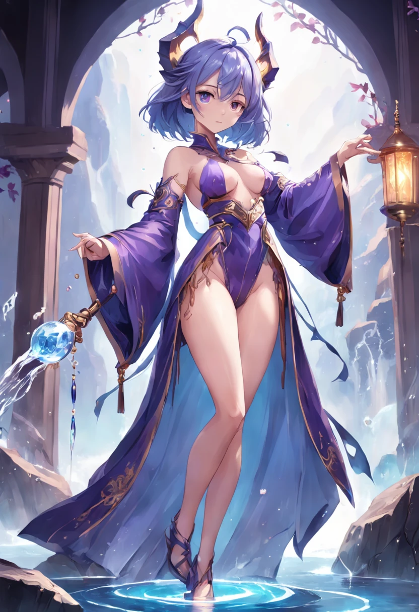 Game character standing drawing design，magestic，Gorgeous purple robes wrapped around the entire body，Hold a stout beer, Ornate staffs set with magic gemstones，Water magic，high-heels，Different layer overlays，Different angles，（full bodyesbian：1.4），solid color backdrop，clean backdrop，depth of fields，high light，Real light，Ray traching，oc rendered，Hyper-realistic，best qualtiy，8K，Works of masters，super-fine，Detailed pubic hair，Correct anatomy，