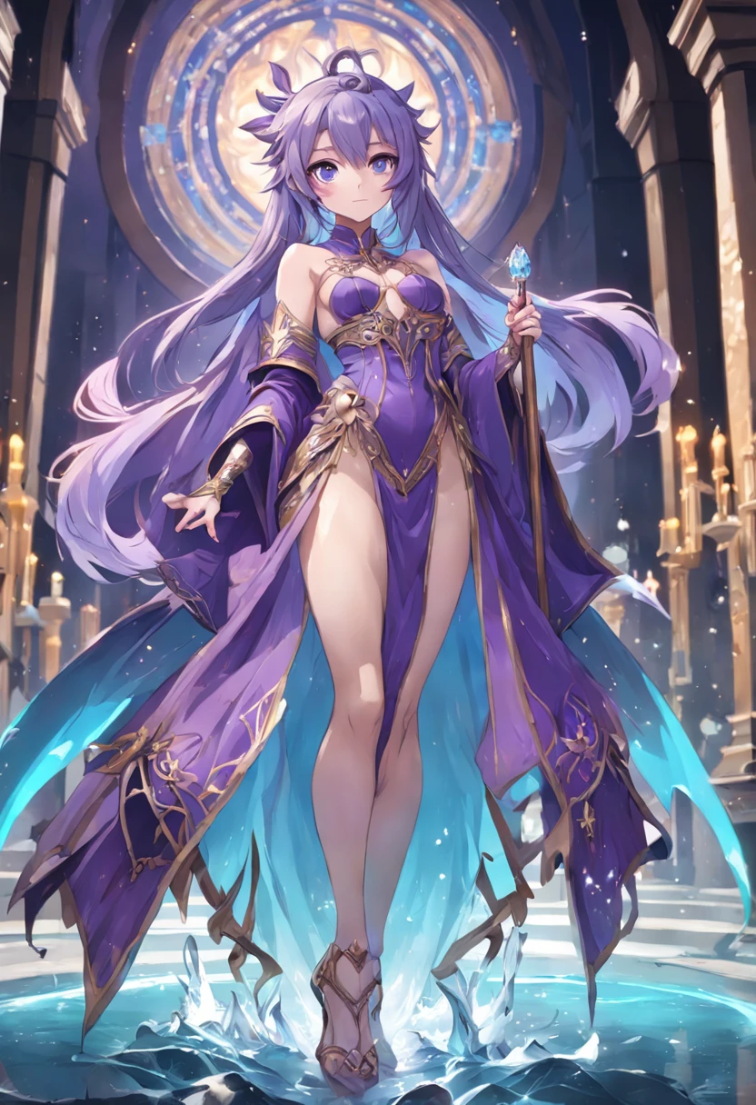 Game character standing drawing design，magestic，Gorgeous purple robes wrapped around the entire body，Hold a stout beer, Ornate staffs set with magic gemstones，Water magic，high-heels，Different layer overlays，Different angles，（full bodyesbian：1.4），solid color backdrop，clean backdrop，depth of fields，high light，Real light，Ray traching，oc rendered，Hyper-realistic，best qualtiy，8K，Works of masters，super-fine，Detailed pubic hair，Correct anatomy，
