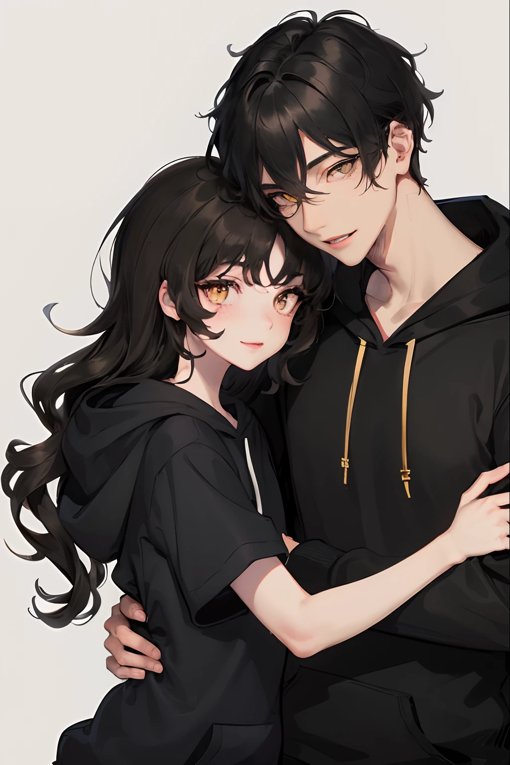 1woman, ((long wavy hair)), swept bangs, ((golden eyes)), smile, modern clothes, hugging a ((boy with short messy black hair and black simple hoodie))