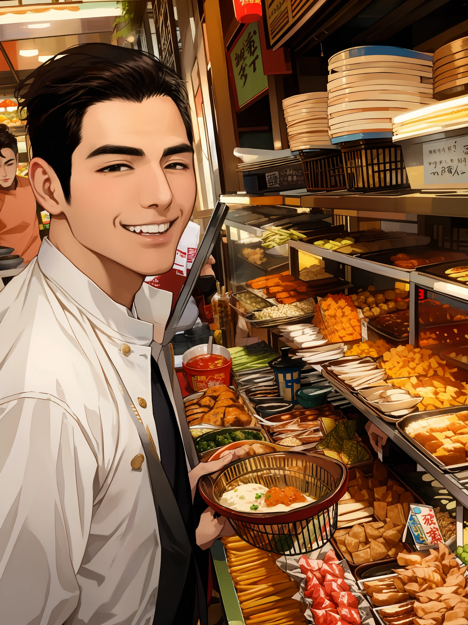 Anime young handsome guy, arafed man holding a bowl of food in front of a display case, with street food stalls, yummy, handsome man, by Dan Content, very tasty, reddit post, market, hoang long ly, bao phan, beautiful man, food stall