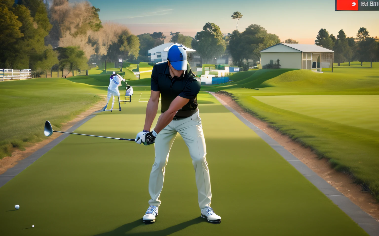 There is a man playing golf on a green course, Mid Action Swing, Launch a straight ball, Ground-up angle, off putting, hip and leg shot, leg and hip shot, Long shot angle, dynamic angled shot, off - putting, Before the round, Shoulder Level Shots, Opening shot, head tilted downward, wide angle dynamic action shot