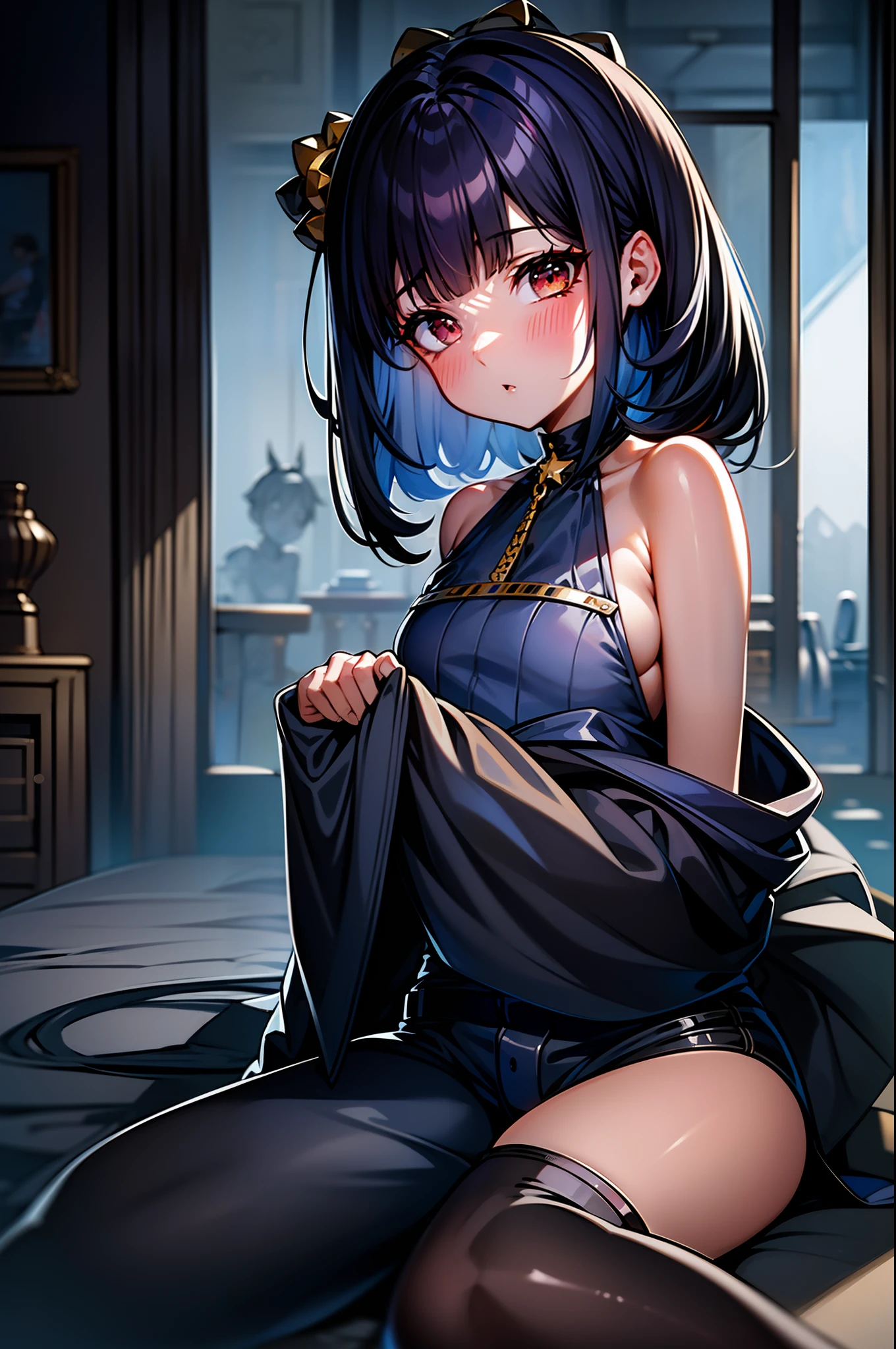 Works of masters,8K分辨率,in a panoramic view,Kizi,greyt hair,Exposed neck hair,Head flower,Hair rings,hair adornments,jean jacket,hot pant,prone,BLUE hour,,Skysky,inside in room,Colorful stars