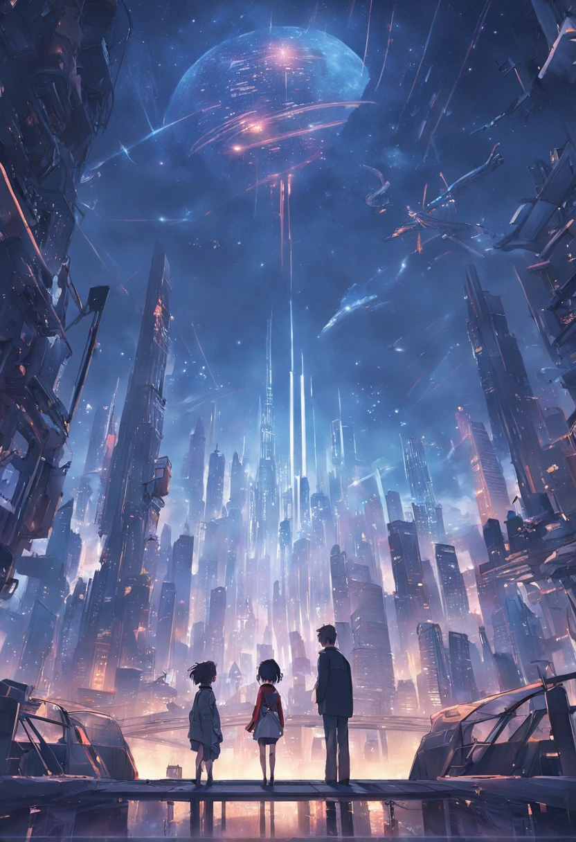 Develop interesting book covers for science fiction novels. Scene depicting futuristic city in the morning, Glittering skyscrapers and flying cars crisscross the dark sky. In the center of the cover, A pair of protagonists are looking at the city from a terrace, Exchanging expressions full of hope and mystery. Book Title, "Horizon Beyond," It should be displayed in elegant letters that blend in with the city lights. The color palette consists mainly of dark blue, Crimson, and Neon Details. This is、It is a portrait of the relationships of the characters and the possibilities of the surrounding world. Detailed digital illustration, --ar 16:9 - V5.