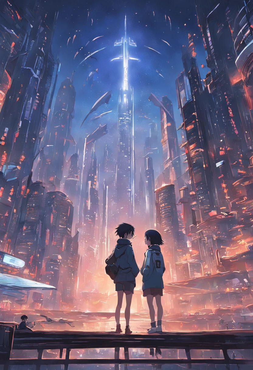 Develop interesting book covers for science fiction novels. Scene depicting futuristic city in the morning, Glittering skyscrapers and flying cars crisscross the dark sky. In the center of the cover, A pair of protagonists are looking at the city from a terrace, Exchanging expressions full of hope and mystery. Book Title, "Horizon Beyond," It should be displayed in elegant letters that blend in with the city lights. The color palette consists mainly of dark blue, Crimson, and Neon Details. This is、It is a portrait of the relationships of the characters and the possibilities of the surrounding world. Detailed digital illustration, --ar 16:9 - V5.