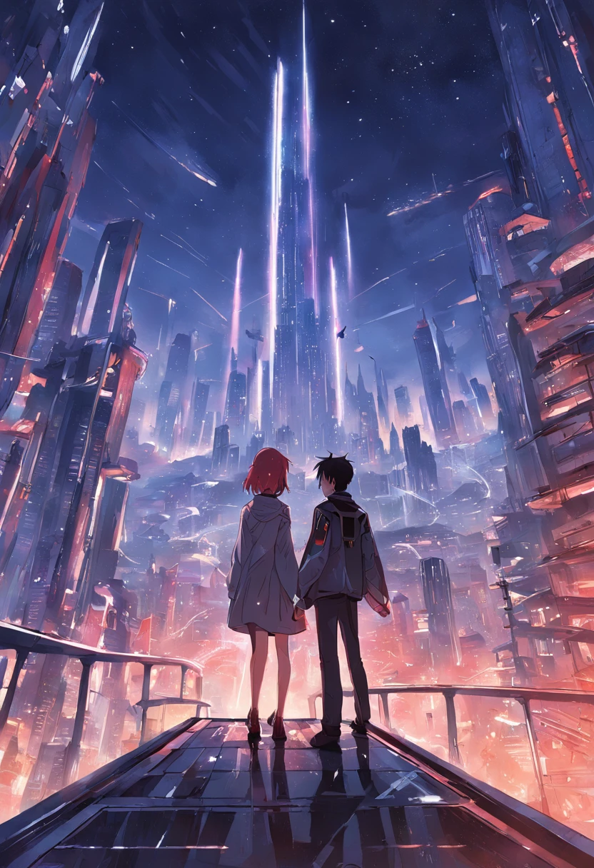 Develop interesting book covers for science fiction novels. Scene depicting futuristic city in the morning, Glittering skyscrapers and flying cars crisscross the dark sky. In the center of the cover, A pair of protagonists are looking at the city from a terrace, Exchanging expressions full of hope and mystery. Book Title, "Horizon Beyond," It should be displayed in elegant letters that blend in with the city lights. The color palette consists mainly of dark blue, Crimson, and Neon Details. This is、It is a portrait of the relationships of the characters and the possibilities of the surrounding world. Detailed digital illustration, --ar 16:9 - V5.