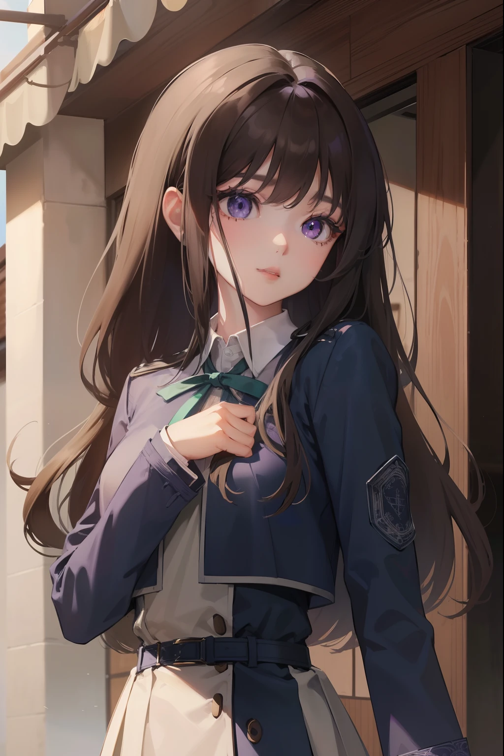 takinainoue, inoue takina, long hair, bangs, black hair, (purple eyes:1.2), BREAK shirt, long sleeves, dress, ribbon, school uniform, white shirt, collared shirt, belt, neck ribbon, blue dress, green ribbon, pleated dress, grey dress, two-tone dress, blue belt, lycoris uniform, BREAK outdoors, city, BREAK (masterpiece:1.2), best quality, high resolution, unity 8k wallpaper, (illustration:0.8), (beautiful detailed eyes:1.6), extremely detailed face, perfect lighting, extremely detailed CG, (perfect hands, perfect anatomy),