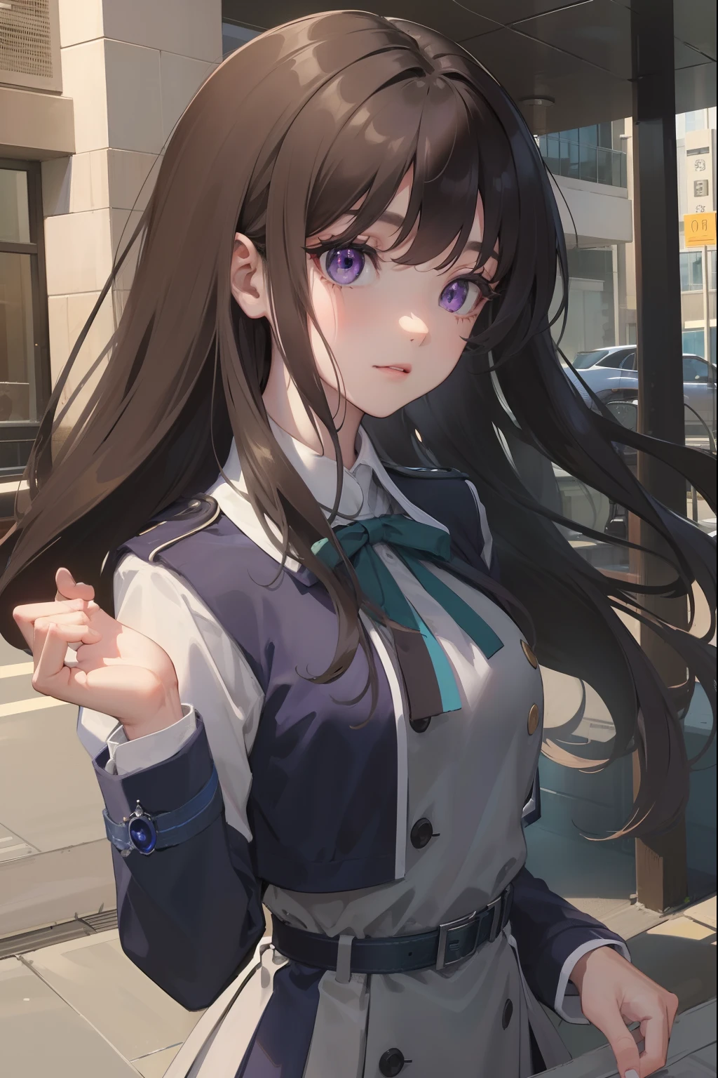 takinainoue, inoue takina, long hair, bangs, black hair, (purple eyes:1.2), BREAK shirt, long sleeves, dress, ribbon, school uniform, white shirt, collared shirt, belt, neck ribbon, blue dress, green ribbon, pleated dress, grey dress, two-tone dress, blue belt, lycoris uniform, BREAK outdoors, city, BREAK (masterpiece:1.2), best quality, high resolution, unity 8k wallpaper, (illustration:0.8), (beautiful detailed eyes:1.6), extremely detailed face, perfect lighting, extremely detailed CG, (perfect hands, perfect anatomy),