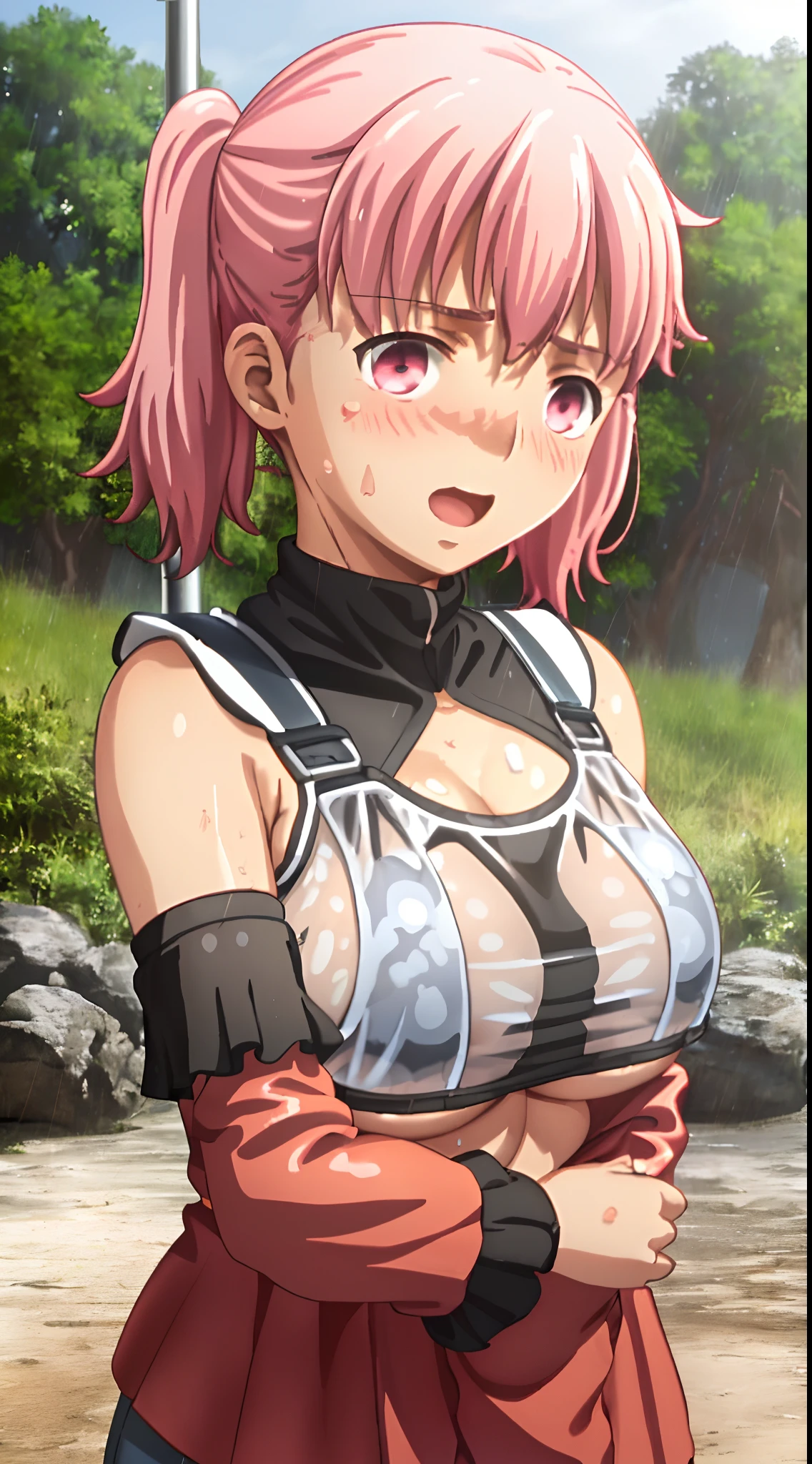 ufotable screen cap, pink hair, twin tails oily skin, wet, detailed skin, (()), ((carrying a red backpack)), ((10 years olbackground, open mouth, short height, little girl, ((bare shopresenting armpit)), (see-through), cleavage, naughty face, ((white tank top)), (arm up), ((loli oppai)), ((big boobs)), ((larreasts)), ((under boobs)), ((boob curtain)), (hot pants), ((detached sleeves)), beach, (potrait)), loose shirt, navel, (((disgusting face))), (double peace),wet body, rain, ((Upper body))