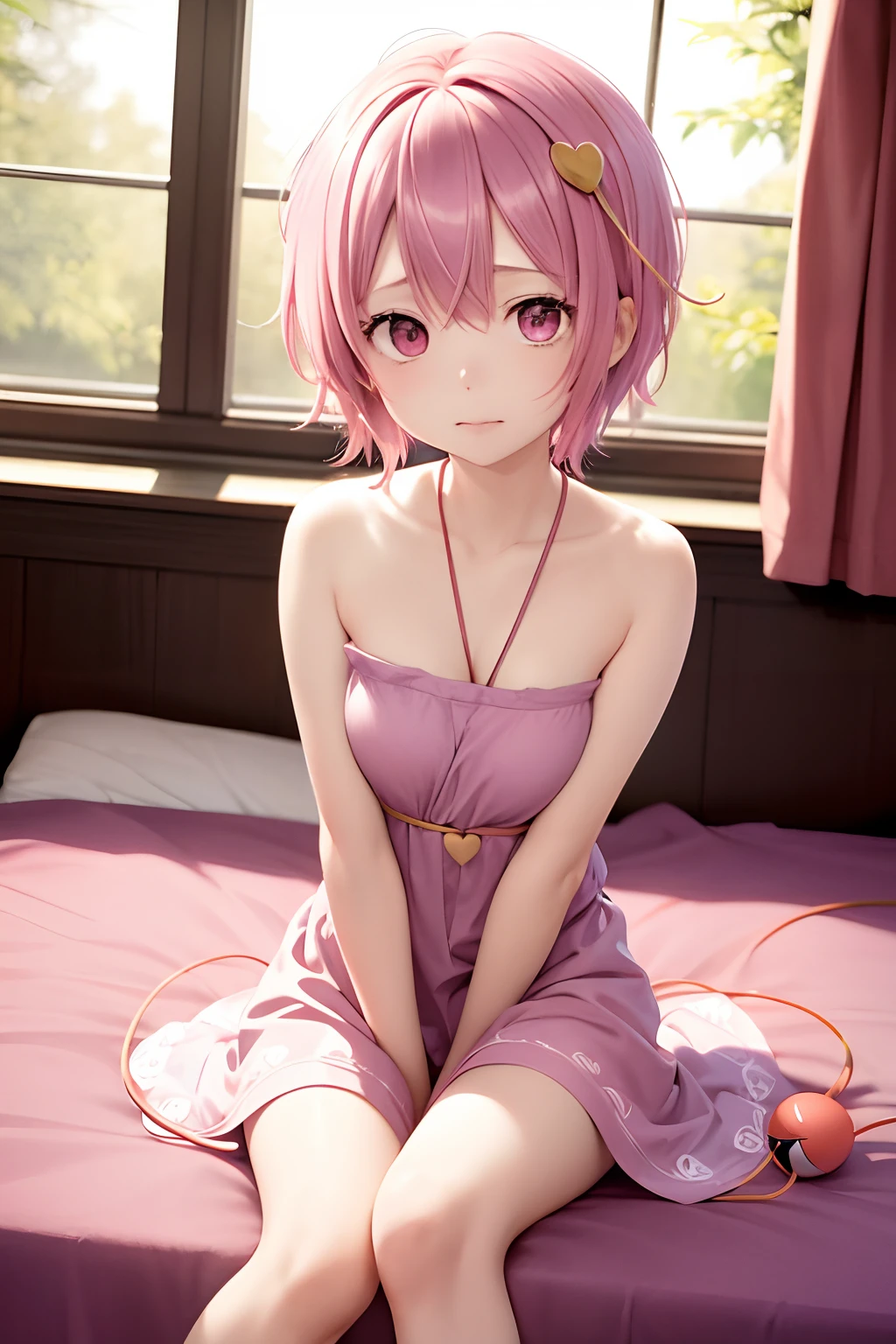 masutepiece, Best Quality,   1girl in,Komeiji Satori,Ahoge, Pink hair,Pink eyes,Short hair,shairband,  3rd eye, bedroom background,fullnude、laying on back、crotch open