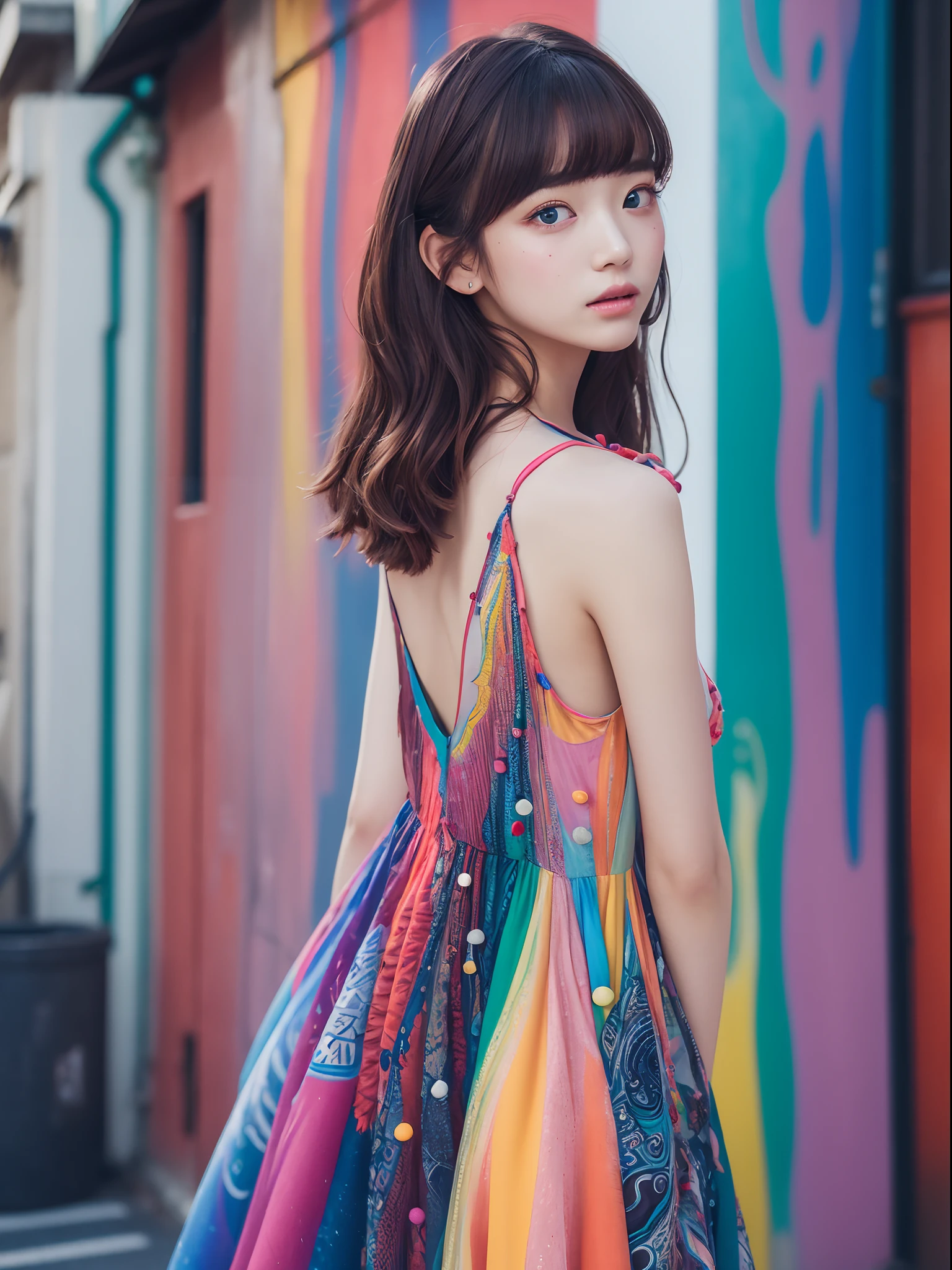 the Extremely Detailed CG Unity 8K Wallpapers、top-quality、ultra-detailliert、​masterpiece、studio shoot、Full body portrait、(Multi Color Piping Lashing Dress:1.4), realisitic、Back of photo、Avant-garde fashion、large full breasts、realisitic、Photo Real、extremely detailed cute girl、独奏、、Melancholy look, Hands behind your back、Street Art Paint Wall Background, Multicolor hair color, Asymmetrical hairstyle、Out of focus、blur、