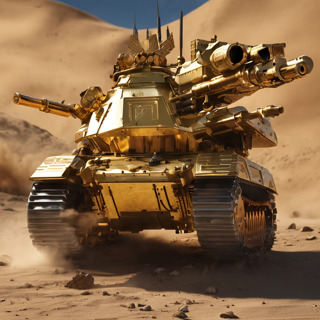 golden colored,Retro,Crazy Max type tank,machine gun,Missile launch equipment ,The mechanical feel is full,Morphology in the desert