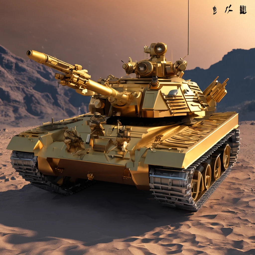golden colored,Retro,Crazy Max type tank,machine gun,Missile launch equipment ,The mechanical feel is full,Morphology in the desert