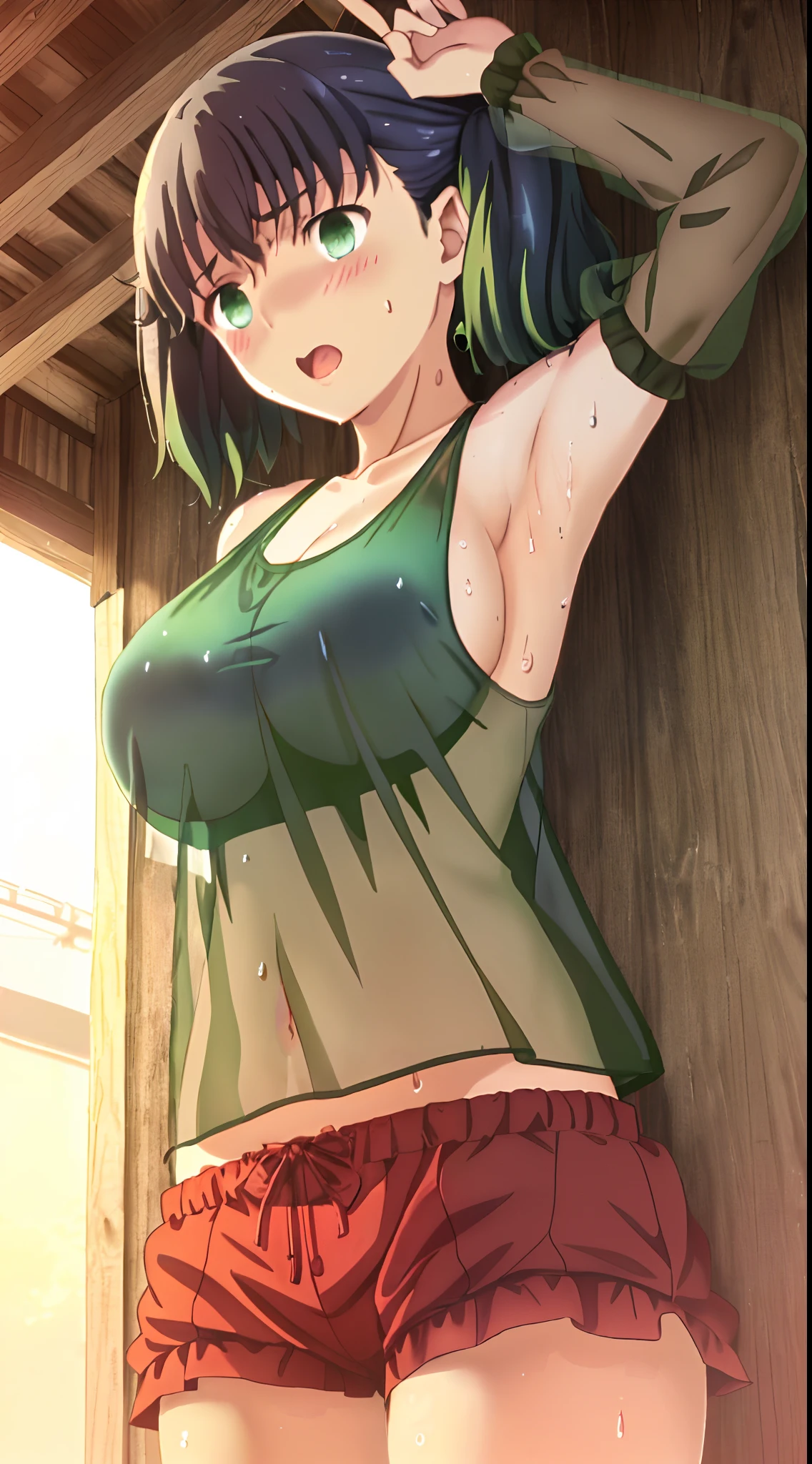 ufotable screen cap, green hair, twin tails oily skin, wet, detailed skin, (()), ((carrying a red backpack)), ((10 years olbackground, open mouth, short height, little girl, ((bare shopresenting armpit)), (see-through), cleavage, naughty face, ((white tank top)), (arm up), ((loli oppai)), ((big boobs)), ((larreasts)), ((under boobs)), ((boob curtain)), (hot pants), ((detached sleeves)), beach, (potrait)), loose shirt, navel, (((disgusting face))), (double peace),wet body, rain, (((from below)))