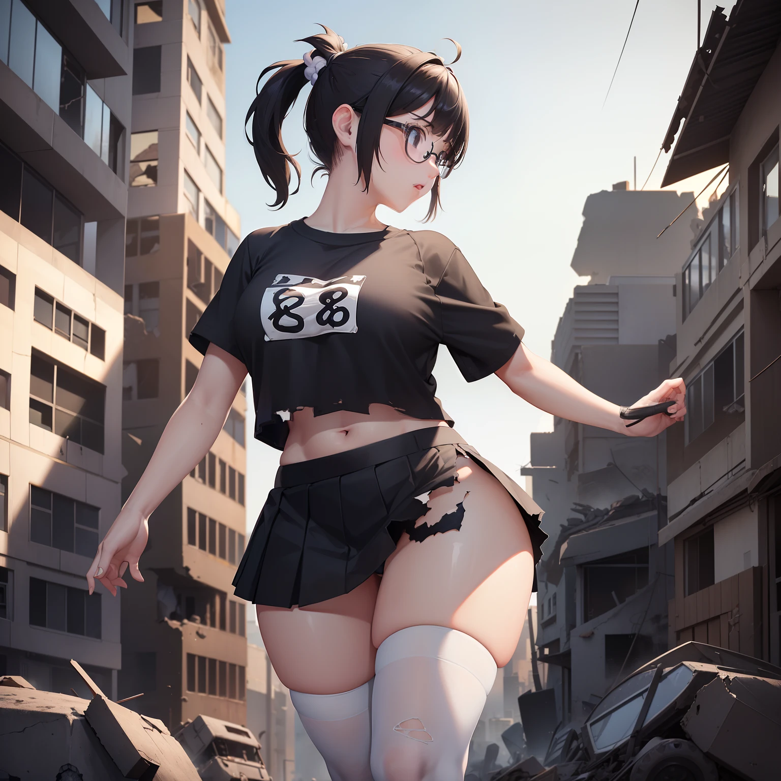 1 girl , ((((ponytail)))), high school student, , 18 years old, black crop top, large brearge hips,chubby, black mini skirt, white socks, white panties, rosses, (ditzy face), ( , (((Destroyed City in Miniature: 8.0))