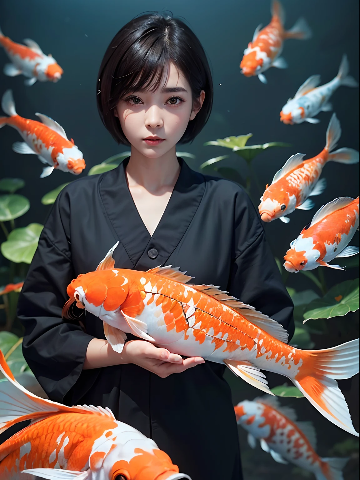 (((30-year-old woman with)))、((aquariums))、​masterpiece, 1 beautiful girls, (((very_Short_hair))), Eye details, Swollen eyes, Top image quality, 超A high resolution, (Realistis: 1.4), OriginalPhotographs, 1girl in, Cinematographic lighting, japanes, very beautif, Beautiful skins, (A hyper-realistic), (hight resolution), (8 K), (ighly detailed), (The best illustrations), (beautifully detailed eyes), (ultra-detailliert), A detailed face, look at a camera, Facing straight ahead, Neat Clothing, shorth hair、A dark-haired、46-point diagonal bangs、((aquariums))、Lots of koi fish、(((koi fish)))