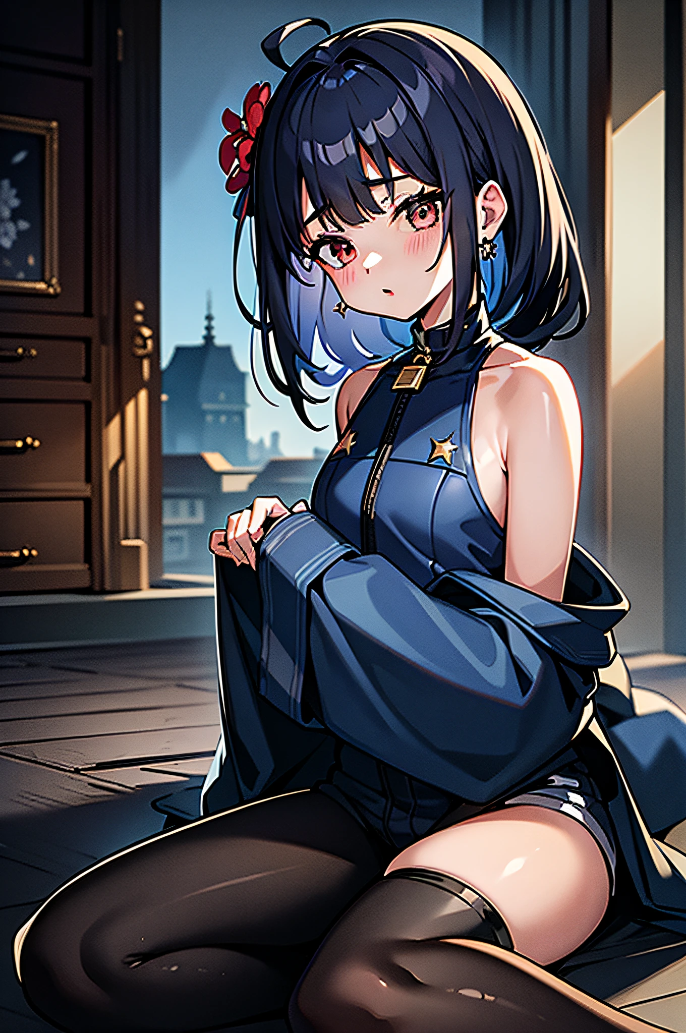 master part, high quality, detailed face, detailed body rendering, full body solo, nude, nude shoulders, hyuuga hinata, long ponytail hair, large breasts, Dark lips, bracelet, Standing, Blushes, room, night, moon and stars, nebula