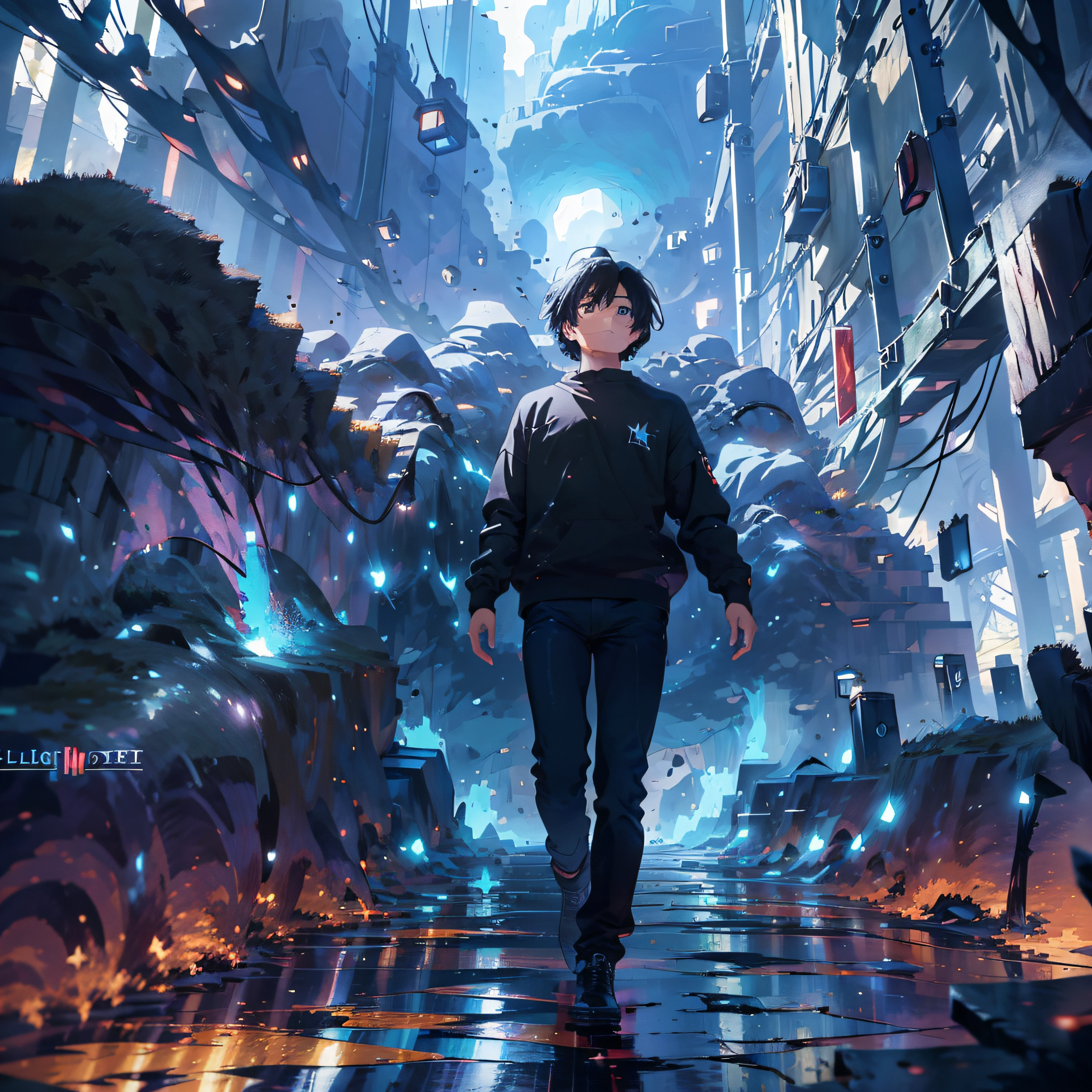 ((Best Quality, 8K, Masterpiece: 1.3)), landscape, magic shoot, star trail, slow speed, young man with black hair, black jeans, amazing scenery, hundreds of stars forming a circle, magic array, gods light, shine, power up.