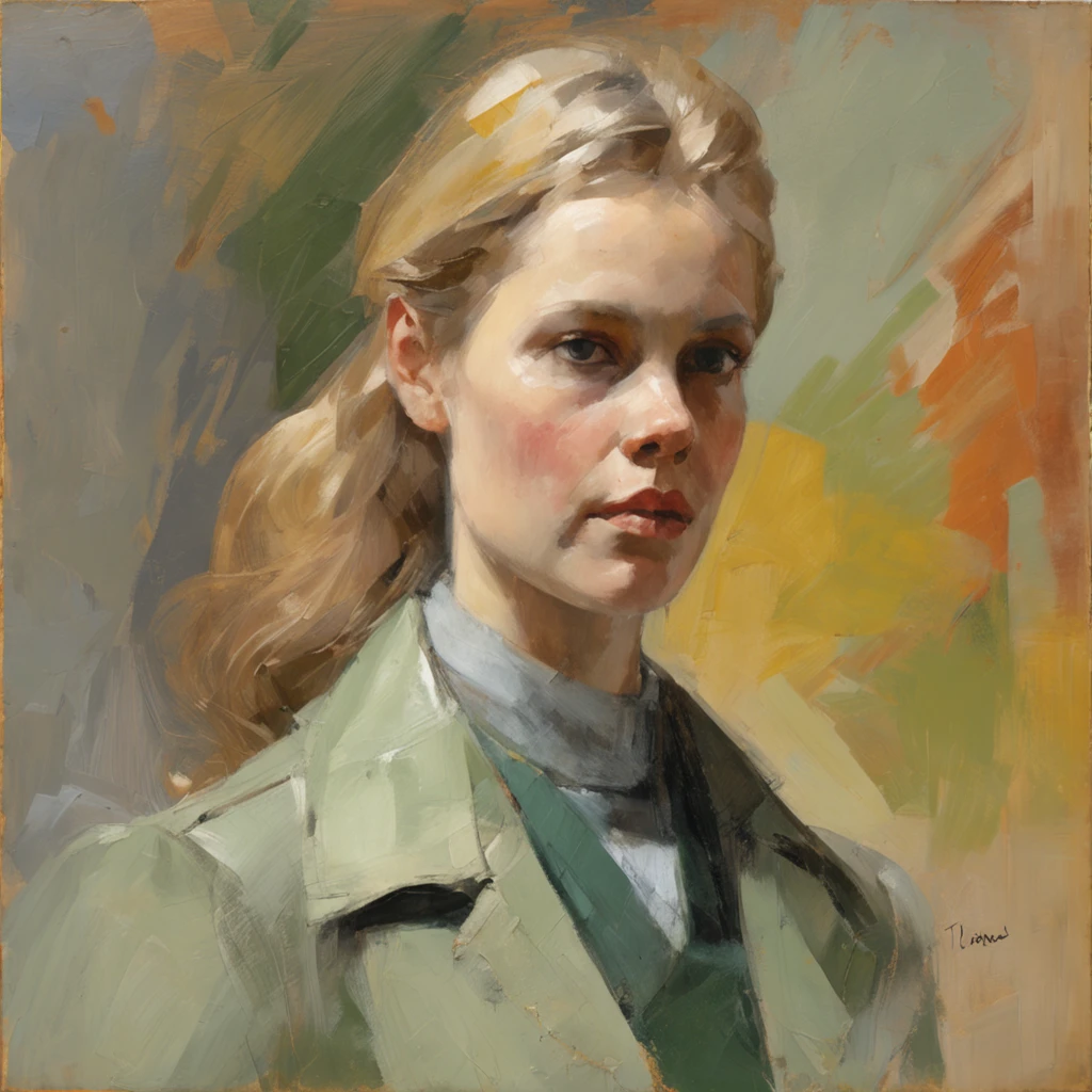 Lonely young adult girl, Tall stature, little chest, closed mouth, Slavic appearance: Green eyes; blond hair; sharp facial features; dimple on the chin; Straight nose; high nose; pronounced high cheekbones; high forehead, stands upright, military uniform: gray double-breasted overcoat; gray pants, Full-length painting, black leather gloves, in the middle of the street, Background: A street with a stone paved road with European stone houses from the first half of the 20th century, High quality shadows, High quality of light, High quality clothing, Masterpiece picture quality, max detail, Masterpiece quality.