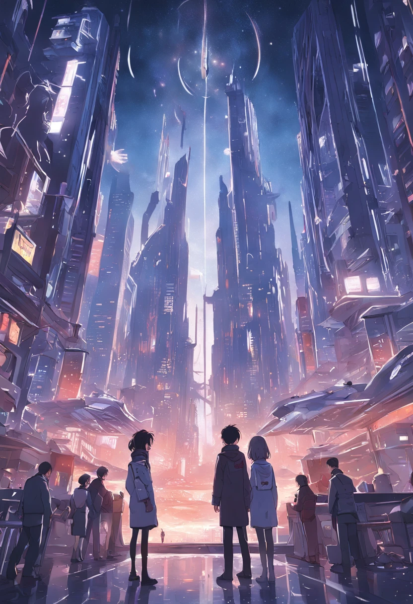 Develop funny book covers for science fiction novels. Scene depicting futuristic city in the morning, Glittering skyscrapers and flying cars cross the dark sky. In the center of the cover, A pair of protagonists are looking at the city from a terrace, Exchanging expressions full of hope and mystery. Book title, "Horizon Beyond," It should be displayed in elegant letters that blend in with the city lights. The color palette consists mainly of dark blue, Crimson, and Neon Details. This is、It is a portrait of the relationships of the characters and the possibilities of the surrounding world. Detailed digital illustration, --ar 16:9 - V5.