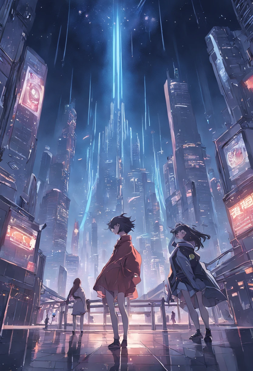 Develop funny book covers for science fiction novels. Scene depicting futuristic city in the morning, Glittering skyscrapers and flying cars cross the dark sky. In the center of the cover, A pair of protagonists are looking at the city from a terrace, Exchanging expressions full of hope and mystery. Book title, "Horizon Beyond," It should be displayed in elegant letters that blend in with the city lights. The color palette consists mainly of dark blue, Crimson, and Neon Details. This is、It is a portrait of the relationships of the characters and the possibilities of the surrounding world. Detailed digital illustration, --ar 16:9 - V5.