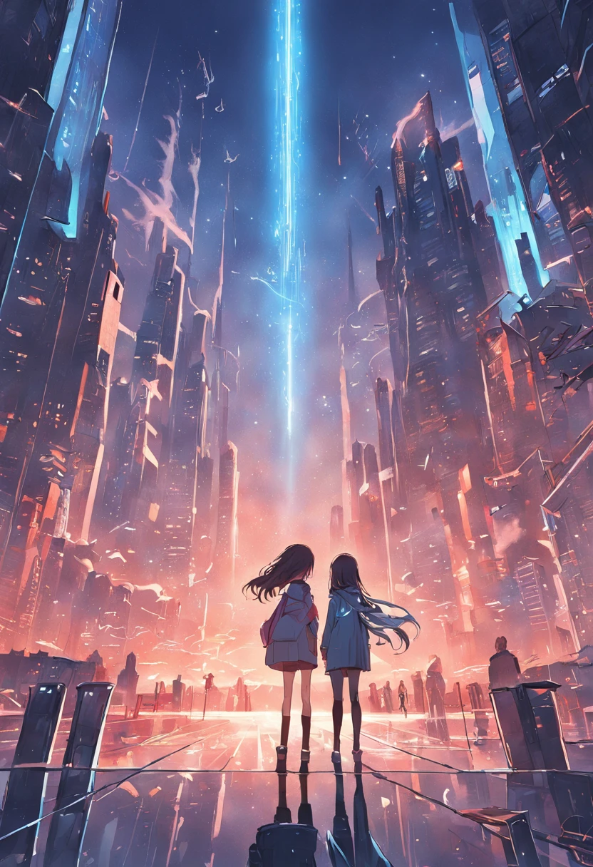 Develop funny book covers for science fiction novels. Scene depicting futuristic city in the morning, Glittering skyscrapers and flying cars cross the dark sky. In the center of the cover, A pair of protagonists are looking at the city from a terrace, Exchanging expressions full of hope and mystery. Book title, "Horizon Beyond," It should be displayed in elegant letters that blend in with the city lights. The color palette consists mainly of dark blue, Crimson, and Neon Details. This is、It is a portrait of the relationships of the characters and the possibilities of the surrounding world. Detailed digital illustration, --ar 16:9 - V5.