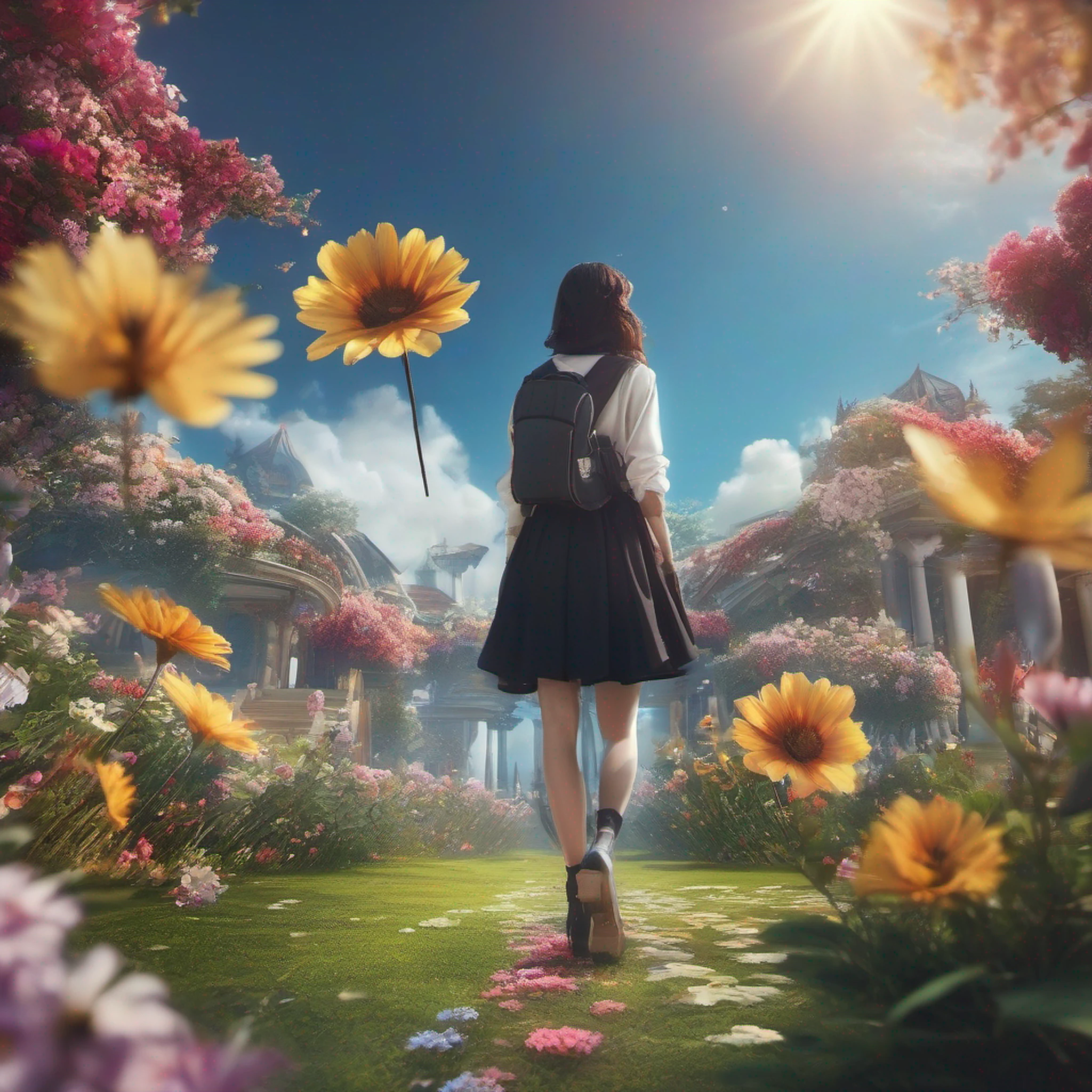 ccurate, best quality, masterpiece, UHD, high details, award winning, (Amazing:2.0), (Surrealism), Conceptual art, Verism, cinematic lighting, floating island in the sky, (((beautiful flower garden))), Horizon, blue sky, paradise scenery, flowers, wind flow, (((fantasy))), frontier, (magnificent space), blurry foreground, bokeh, Hasselblad, lens flare, beautiful school girl, (17 yr old), ((((full body)))), from behind, she moving, without looking at me, (((wearing school uniform))), black eyes, black hair, (floating hair), ((8 life size)), detailed hairstyles, detailed bodyline, anatomically correct, cute face, ((accurately portray her)),