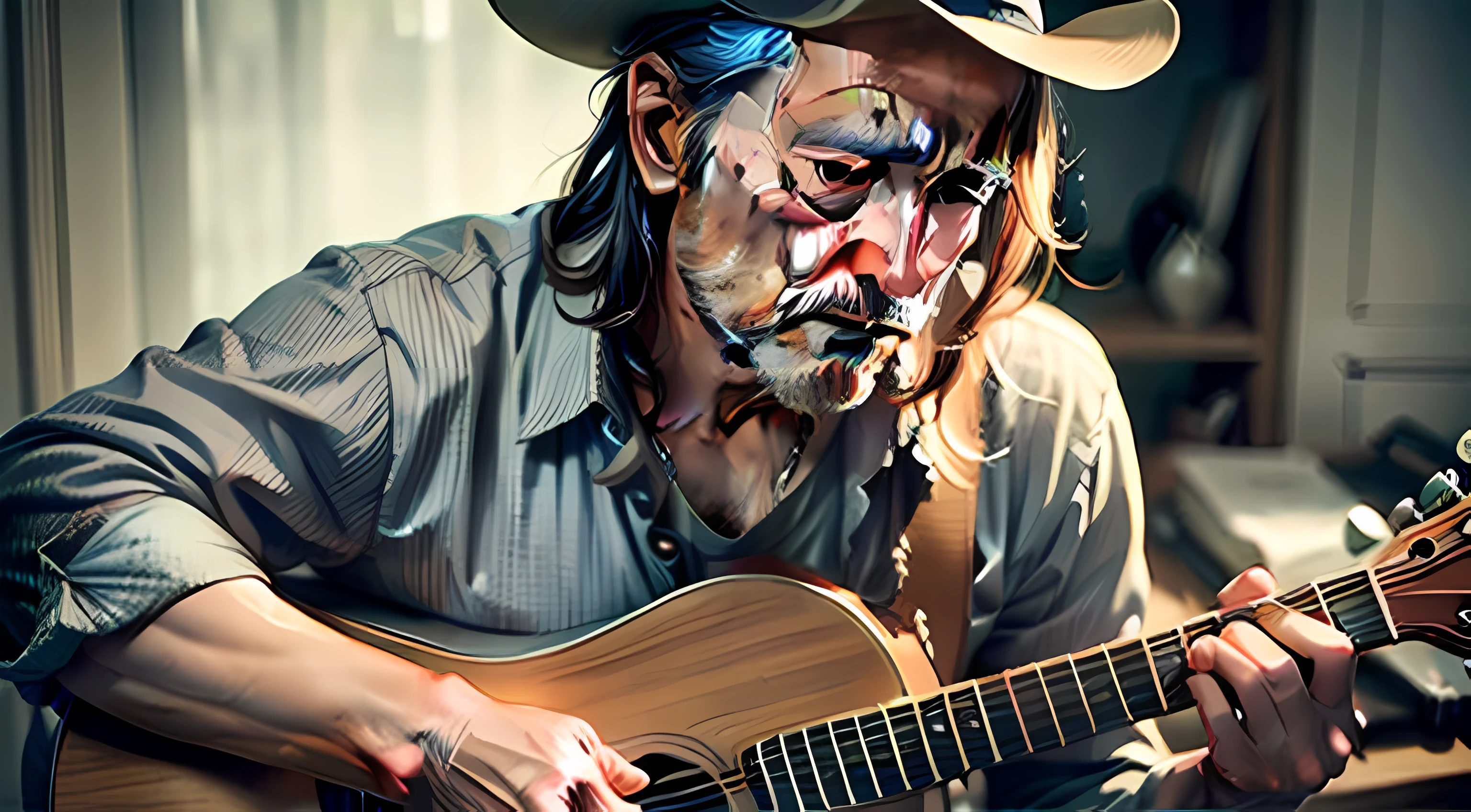 there is a man, SAD AND CRYING who is playing GUITAR in front of a horse in Texas, old man, musician, Foto retrato, CRYING man playing guitar, fotografia colorida antiga, Carismático Texas Western Old Man, Willie Nelson no palco, Directed by: Harvey Pratt, Directed by: Murray Tinkelman, KodakChrome : : 8 mil, Homem americano, Foto retrato detalhada, foto ainda, cantor e compositor, por Wayne England