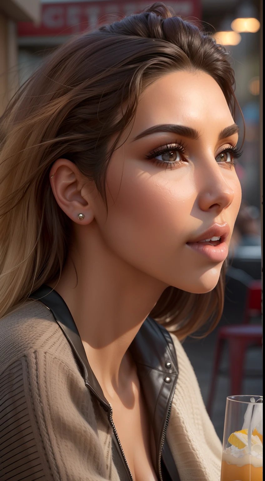 ((Kim Kardashian looks dreamy)), sitting in a street café,
((she has small round breasts)),
(kleiner Kopf), ((detailliertes Gesicht)),
weiches filmisches Licht, ((((Kino-Look)))), (fotorealistisch), (Raytracing), (scharfer Fokus), ((natural realistic skin texture)),
detailliertes Gesicht, detaillierte Lippen, detaillierte Augen, doppeltes Augenlid