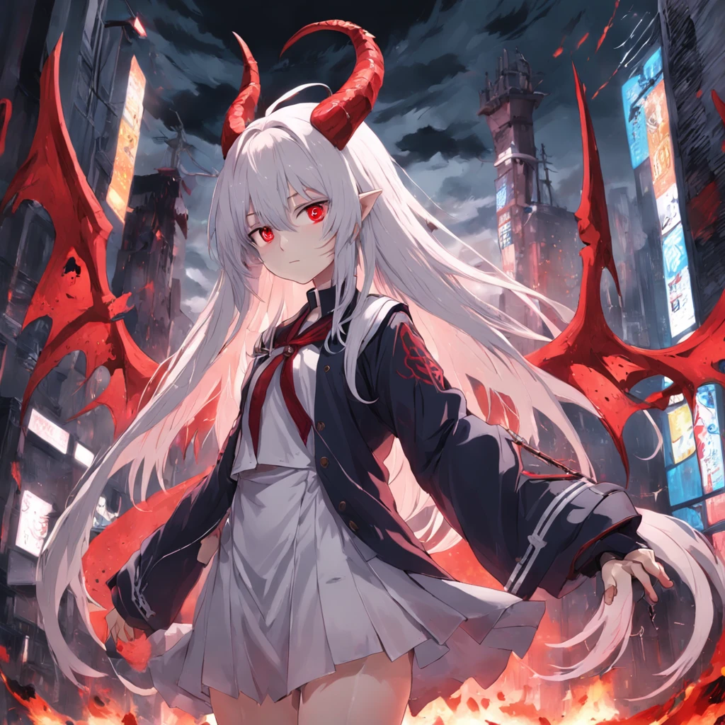 whaite hair，Red eyes，long whitr hair，demonic horns，Broken sailor suit，Girl body type，There are demon wings behind it，There was a little blood on his body，8K，Look into the camera，Dynamic，Background of destroyed cities，Death scythe in hand