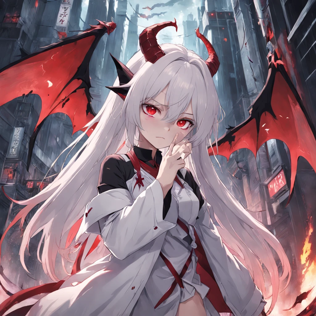 whaite hair,Red eyes,long whitr hair,demonic horns,Broken sailor suit,Girl body type,There are demon wings behind it,There was a little blood on his body,8K,Look into the camera,Dynamic,Background of destroyed cities,Death scythe in hand
