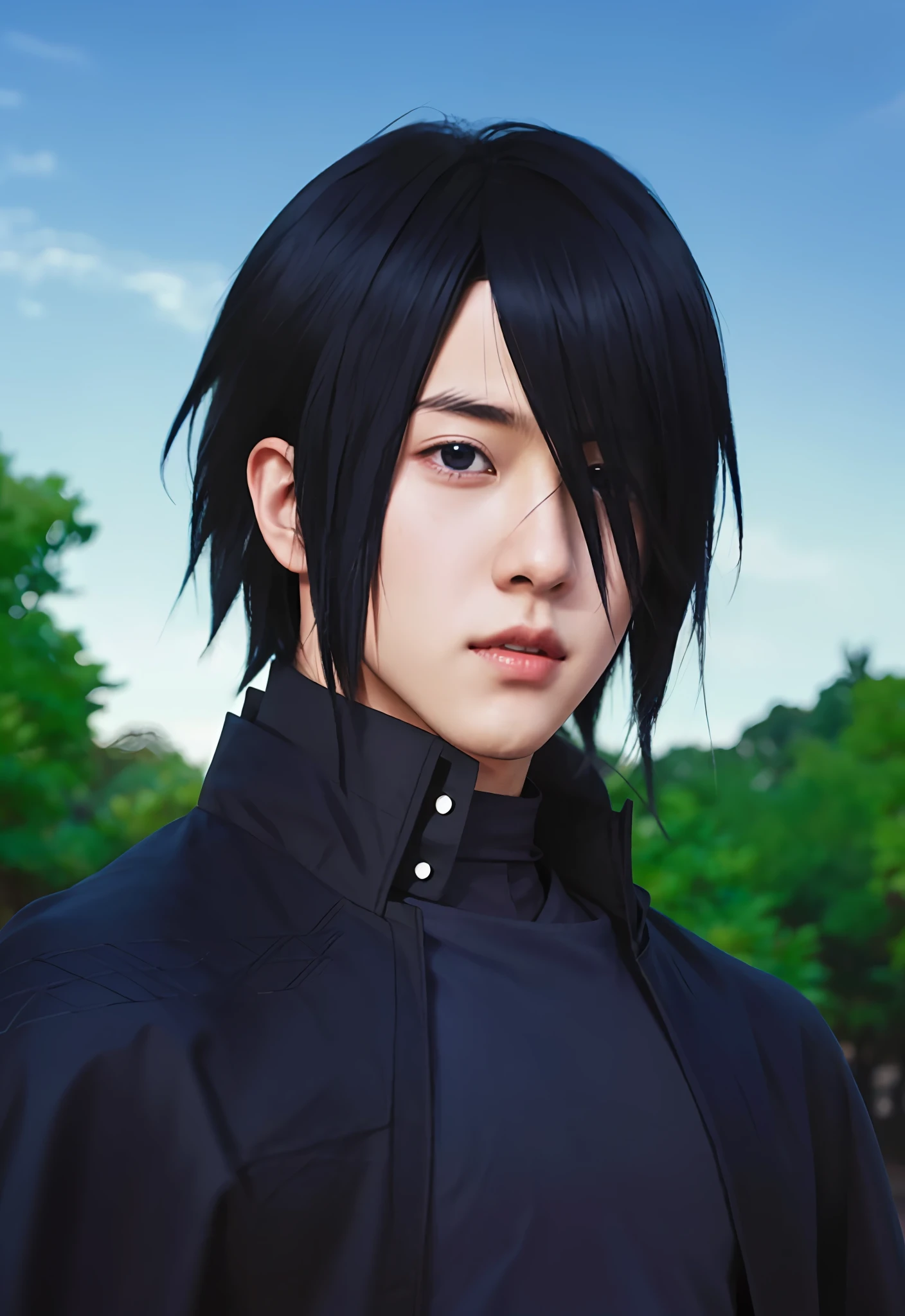 1boy,A real Life adaption of this character,her name is Sasuke uchiha from anime boruto ,hyper realistic ,detailed hair, high resolution, photorealistic,very detailed,realistic outfit ,boy teen handsome ,detailed shining eyes,wear realistic black cloak