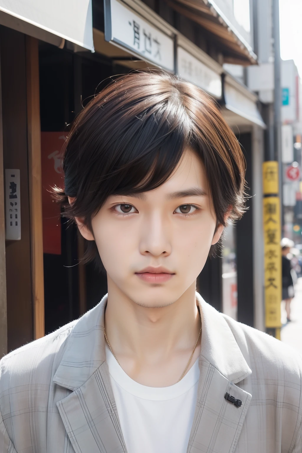 Portrait of 20 year old Japan man with street style business hairstyle。 Hair is short、neatly combed for a refreshing look suitable for spring and summer、There are some side parts。