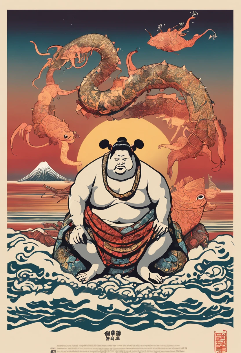 A Japanese sumo wrestler dressed in a traditional kimono sits on a golden sand,The afterglow of the setting sun hangs high overhead。He was intently enjoying the giant mutant crab,Crab red as fire、Tentacles are hideous。The beach is littered with all kinds of exotic shells,They are bright and colorful,Because of the contamination of nuclear wastewater,A peculiar colorful pattern is formed。The sea is murky,A thick layer of oil floating on the surface of the sea is faintly visible,And next to it are twinkling mutated fish and shrimp,They emit a mysterious light。